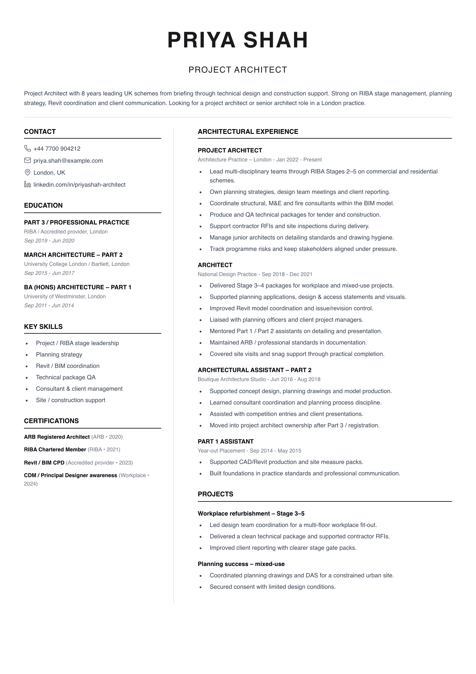 project architect CV template