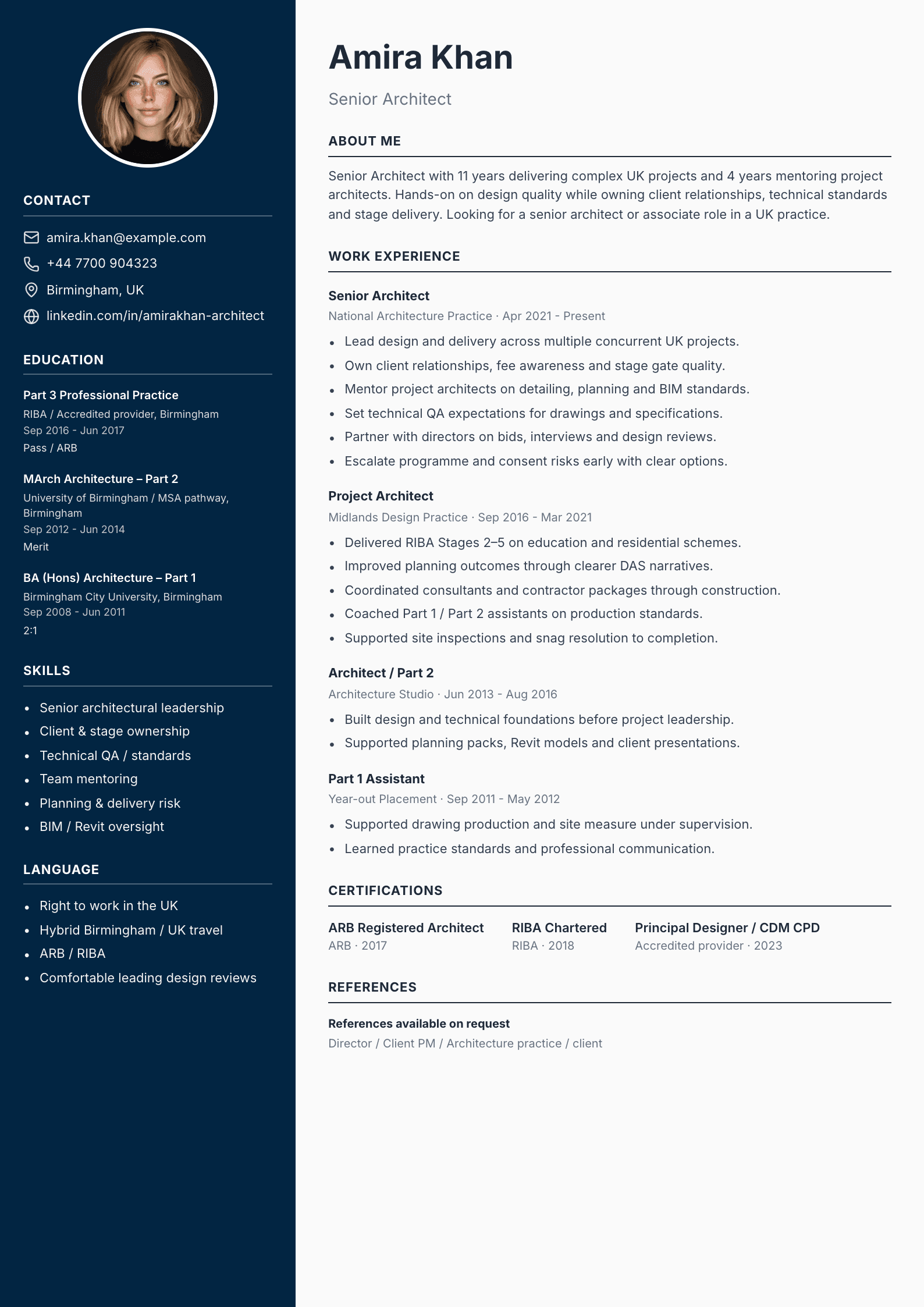 Senior architect CV template