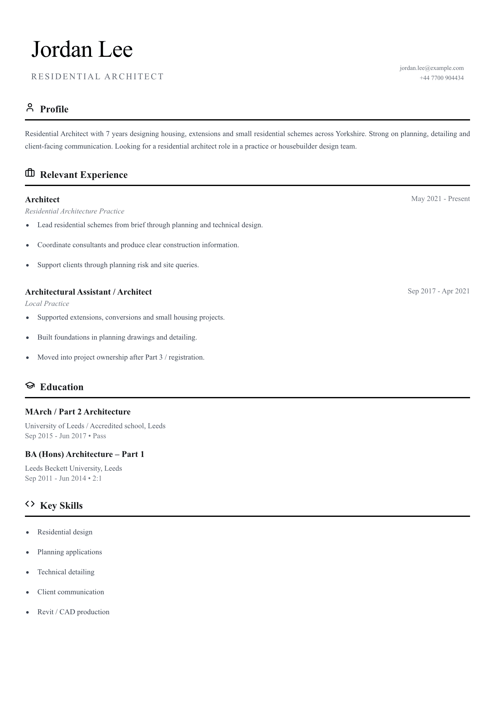 Residential architect CV template