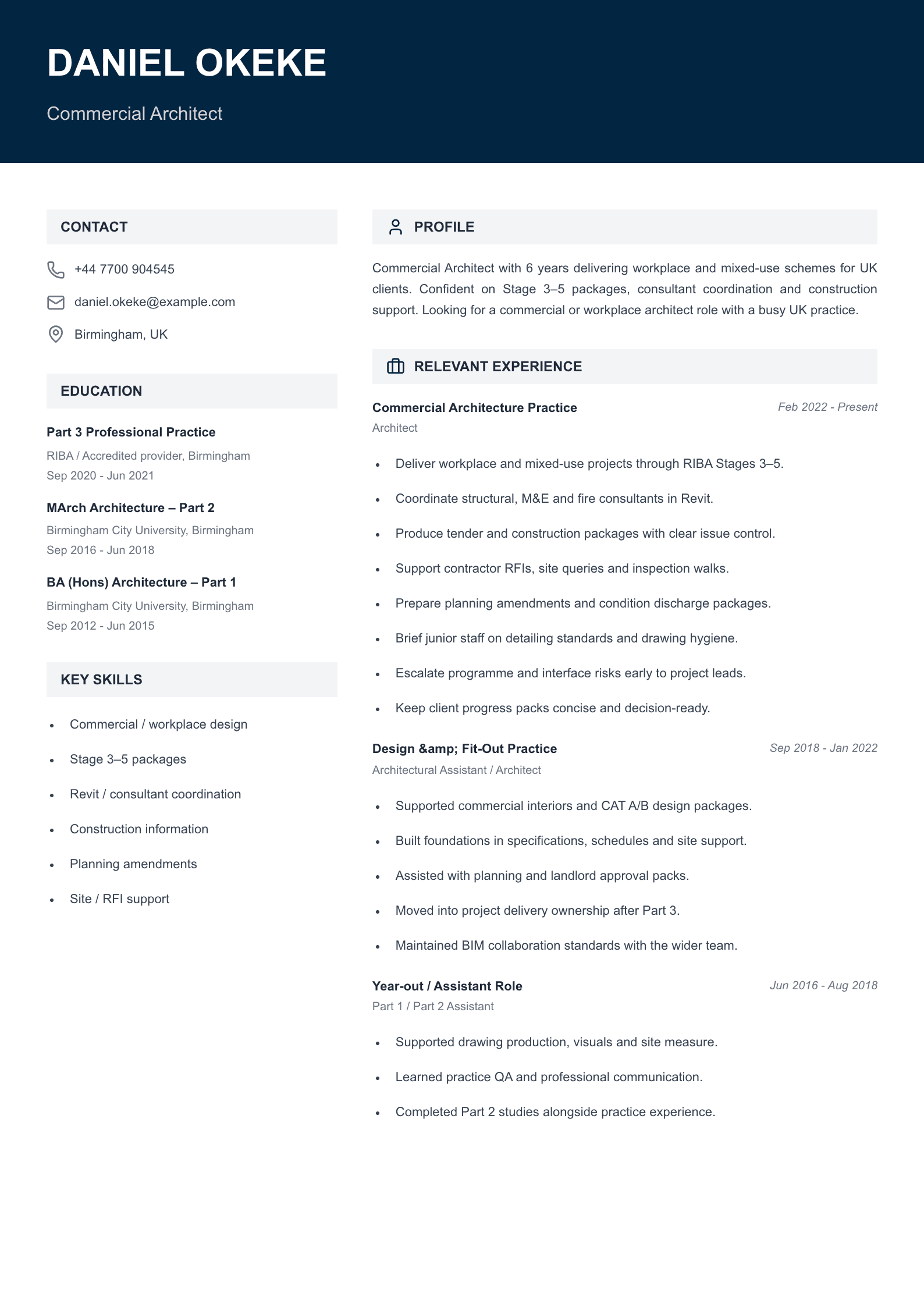 commercial architect CV template