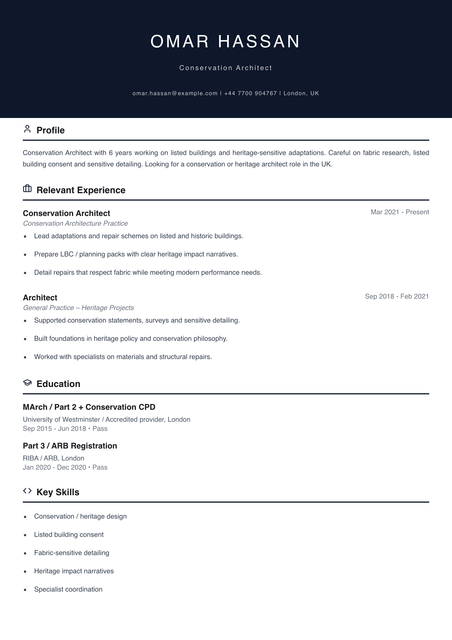 conservation architect CV template