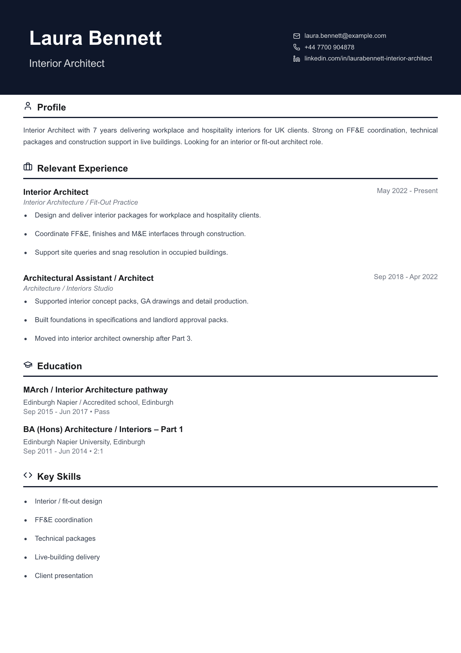 interior architect CV template