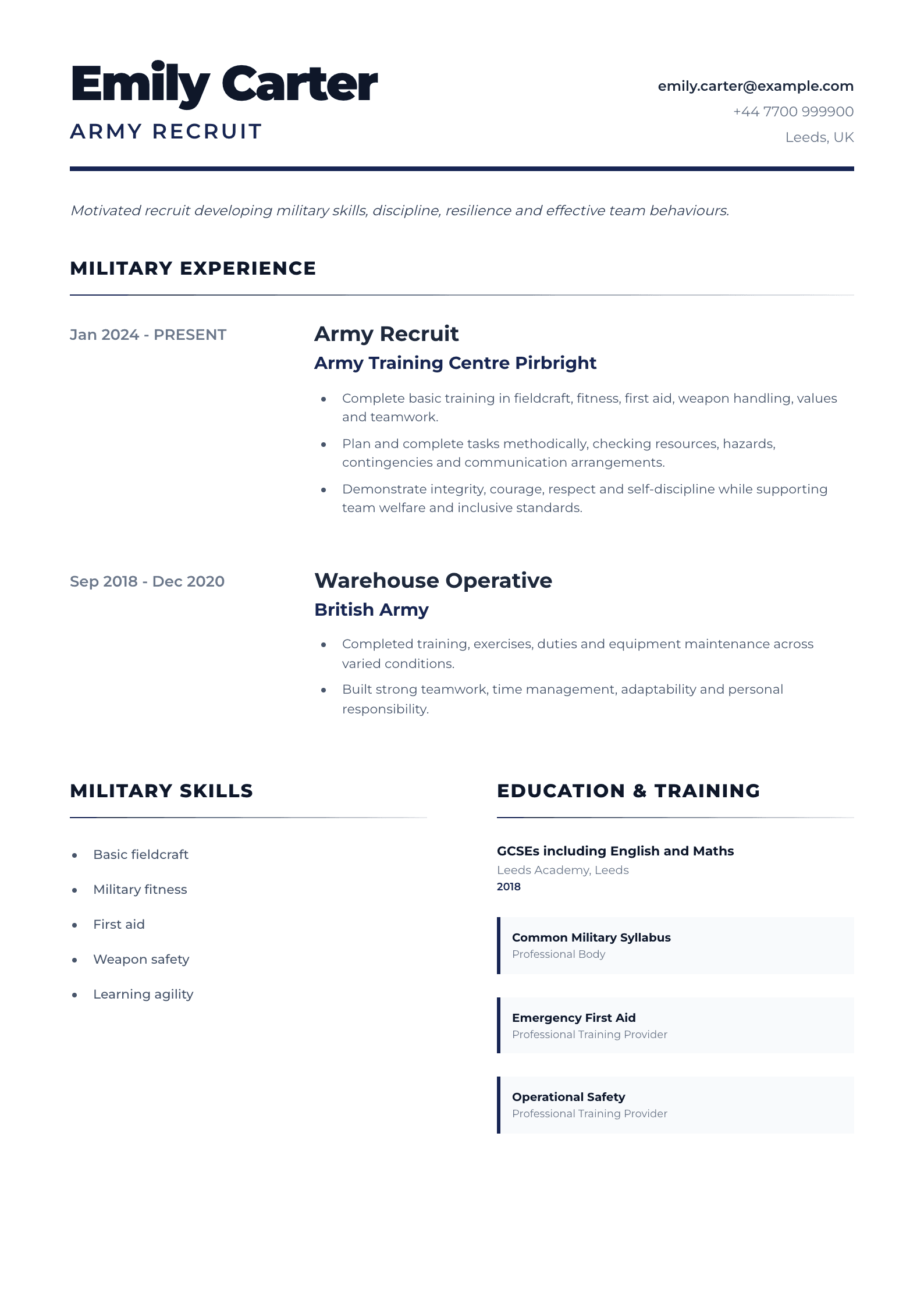 Army Recruit CV template