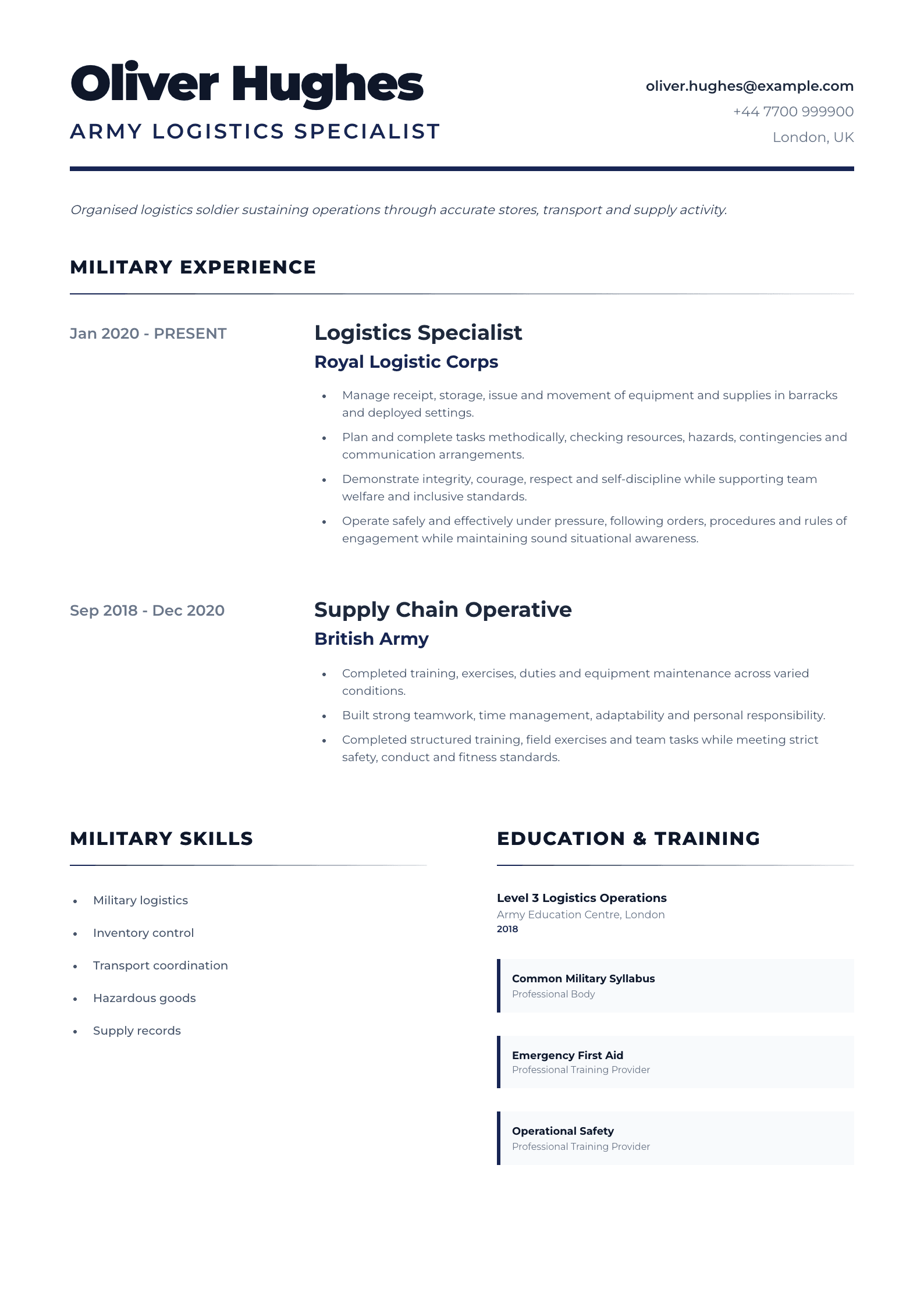 Army Logistics Specialist CV template