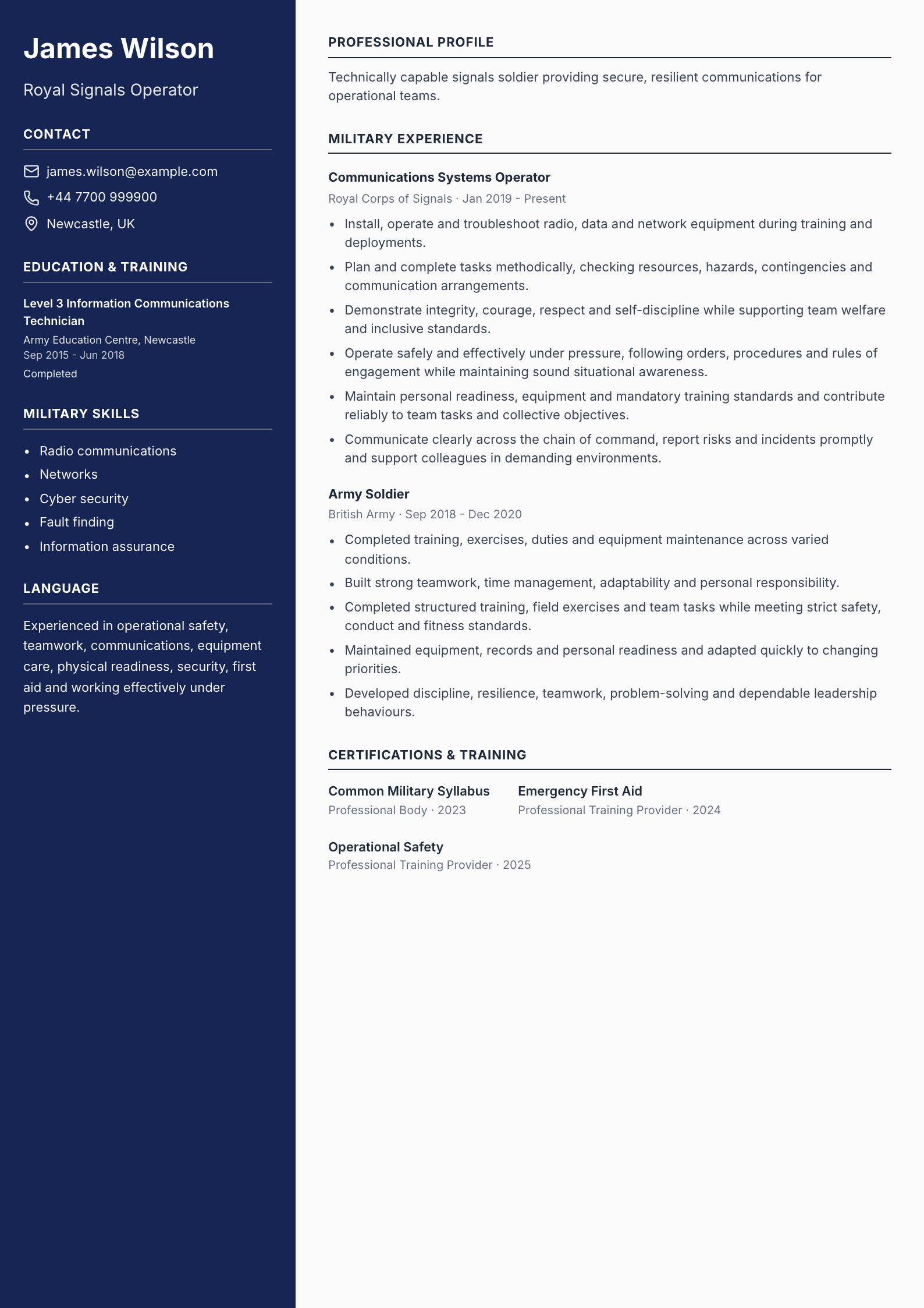 Royal Signals Operator CV template