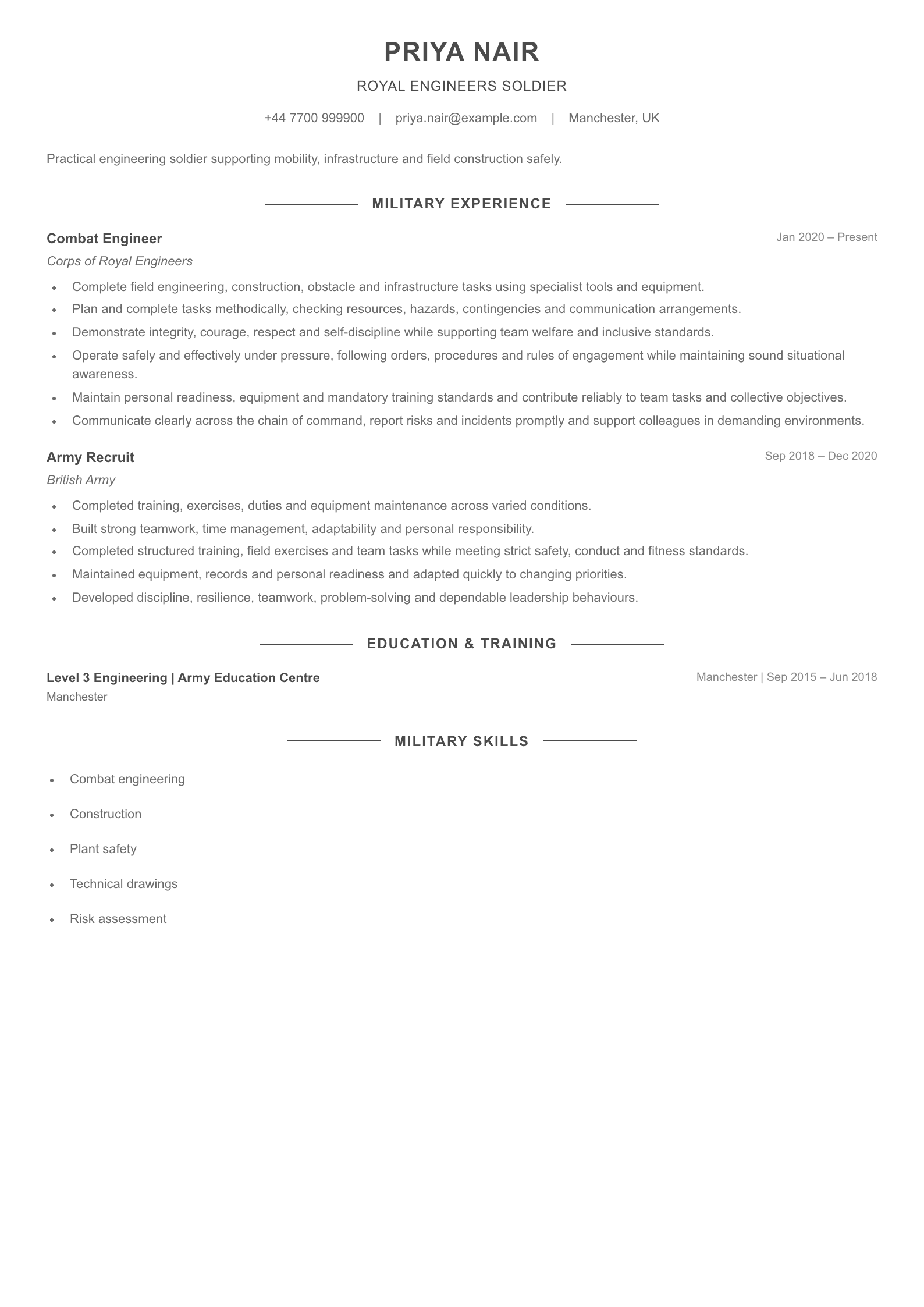 Royal Engineers Soldier CV template