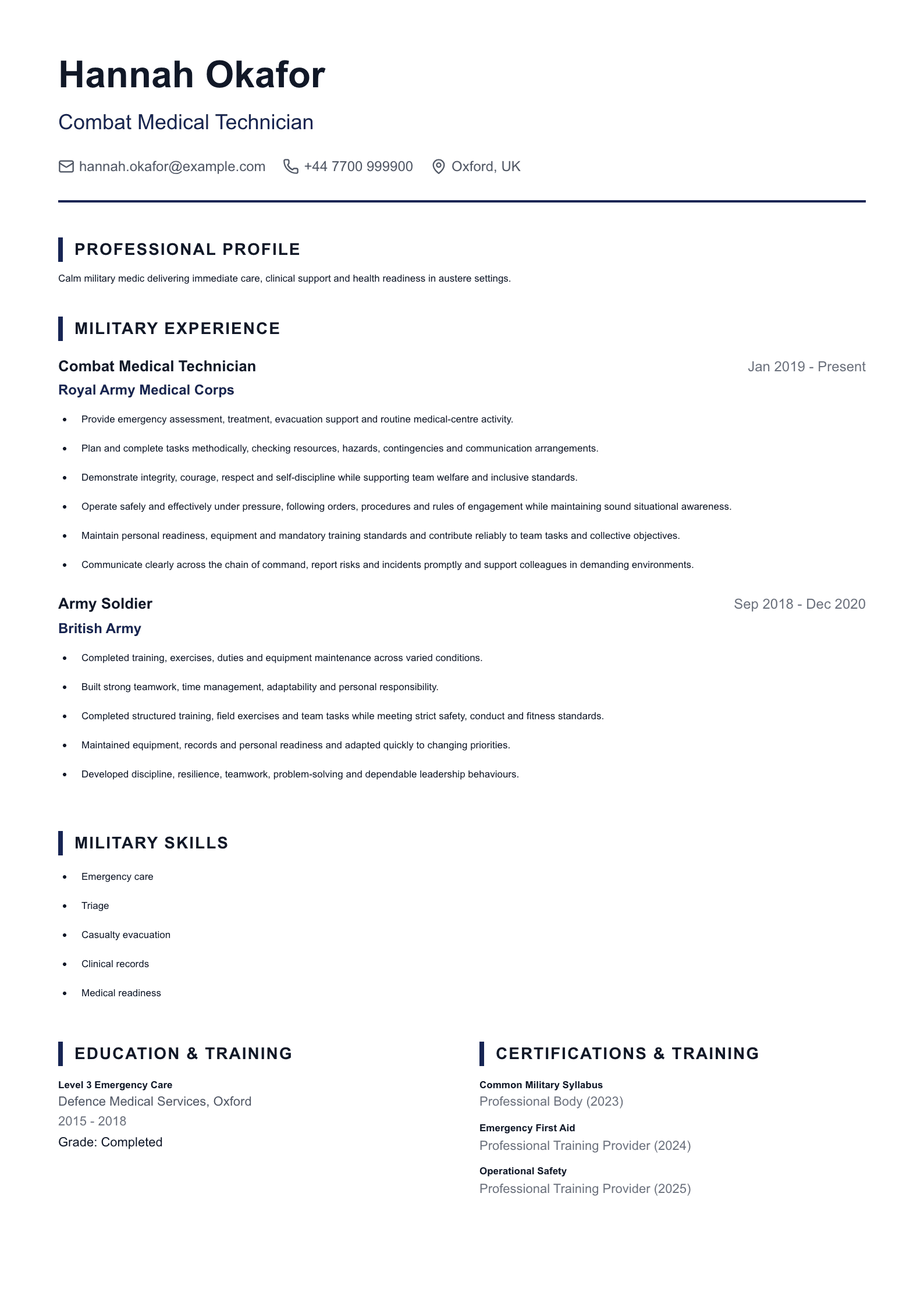 Combat Medical Technician CV template