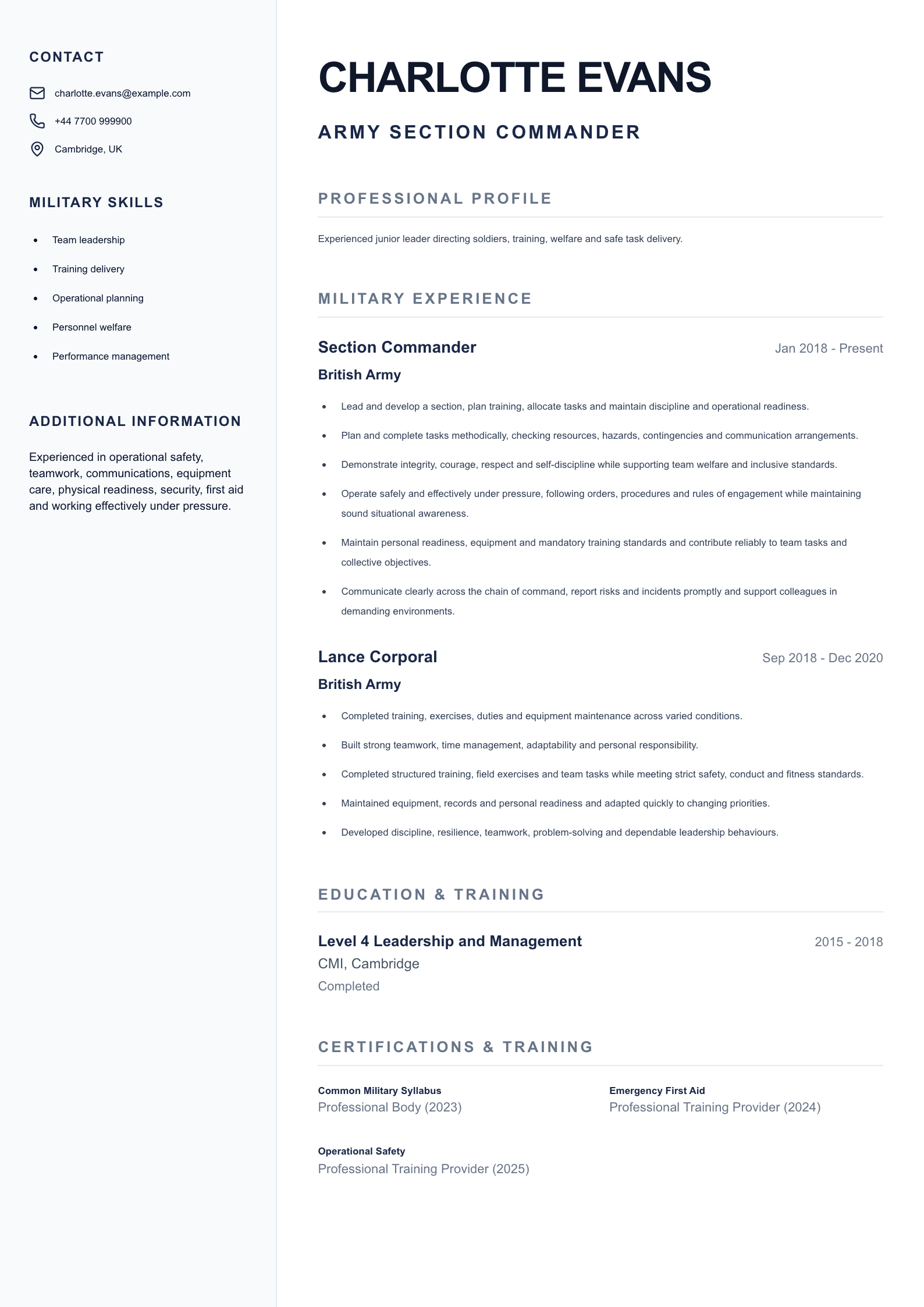 Army Section Commander CV template