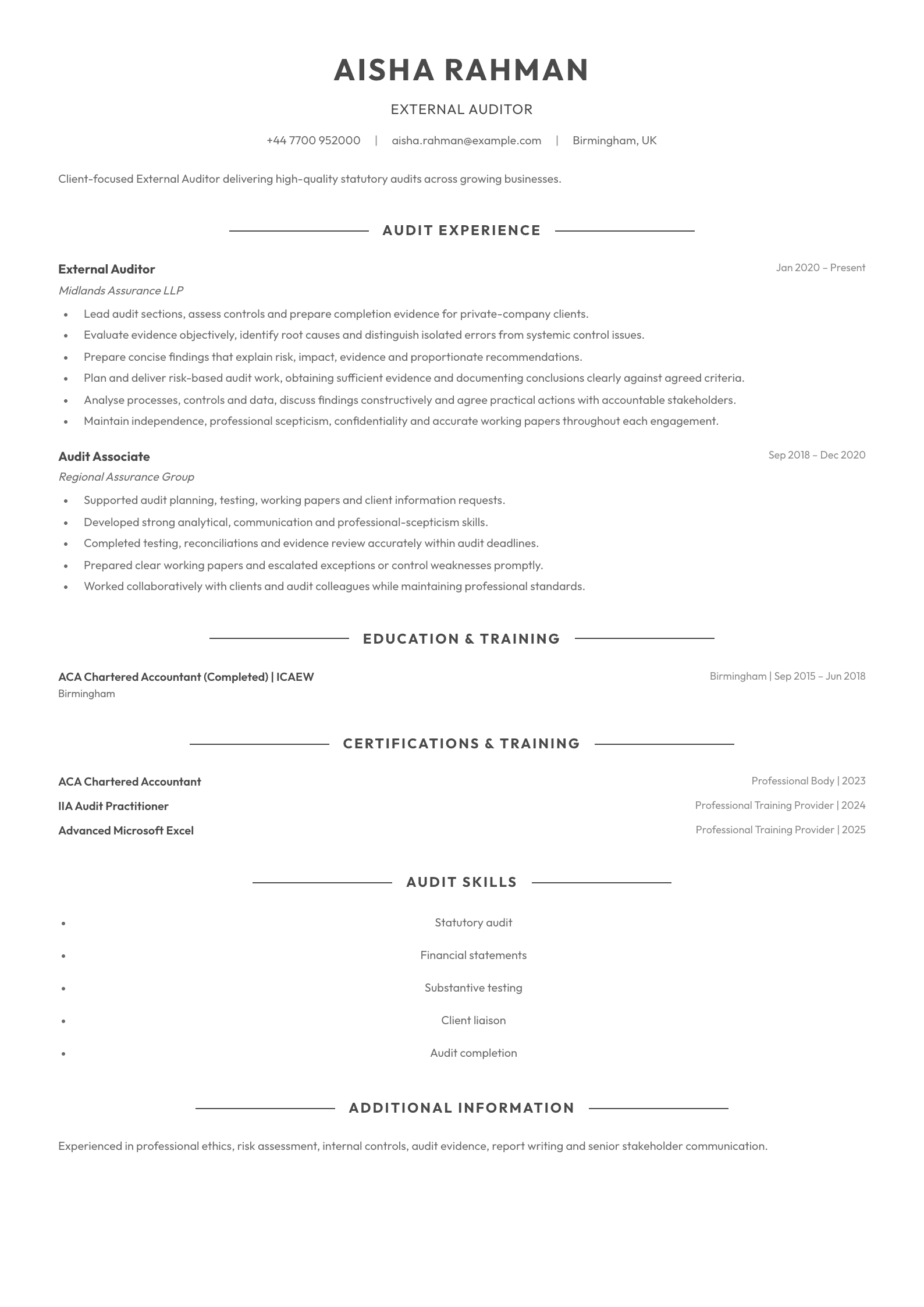 External Auditor CV template