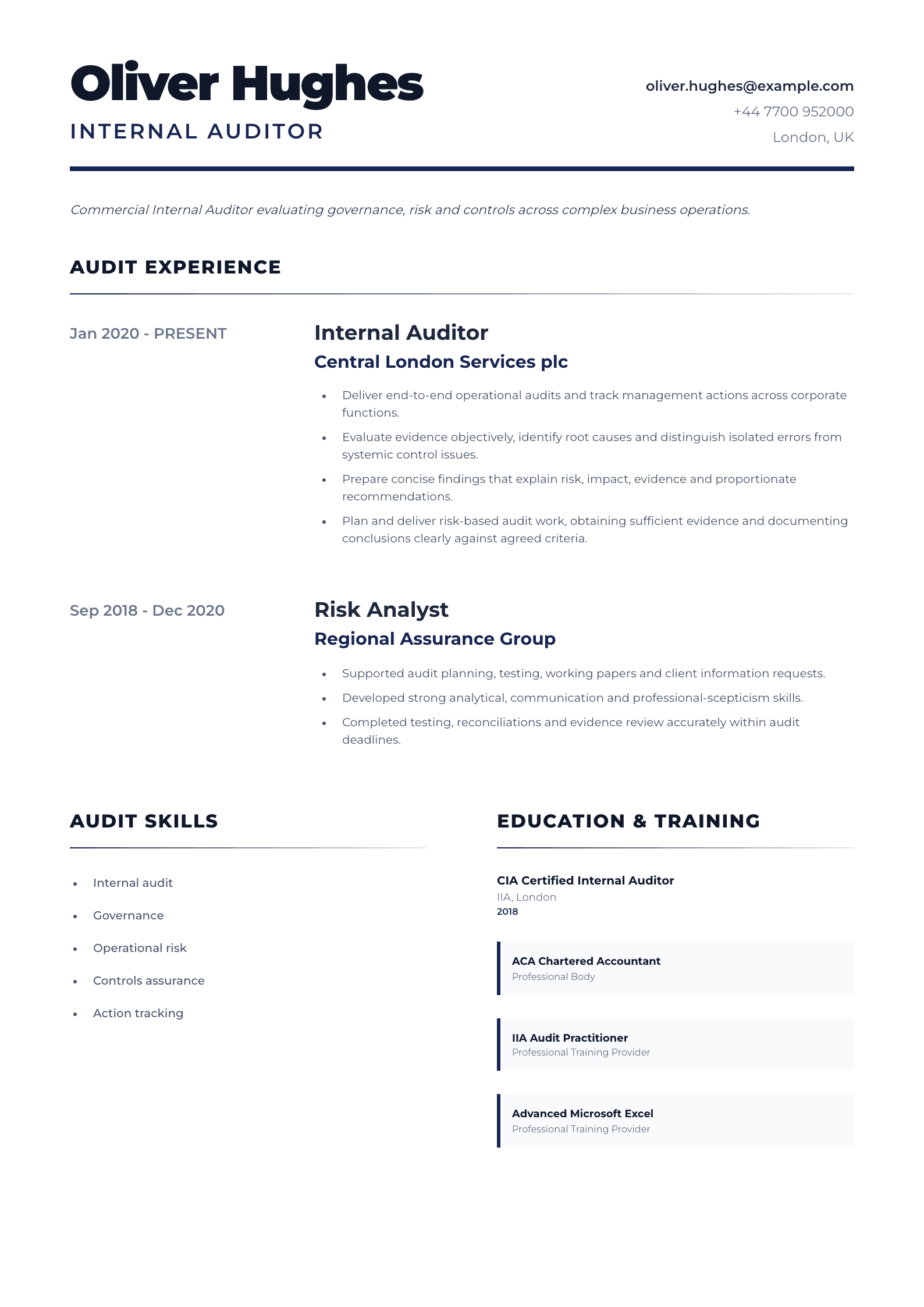Internal Auditor CV template