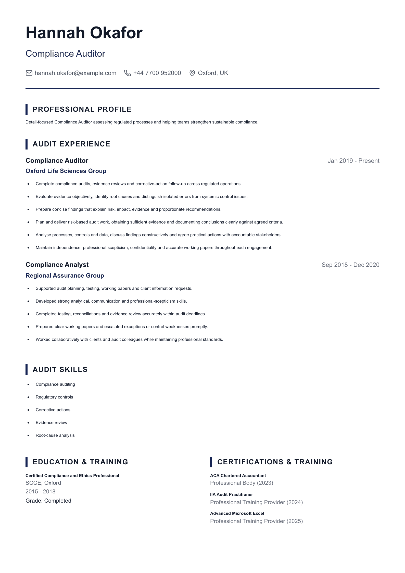 Compliance Auditor CV template