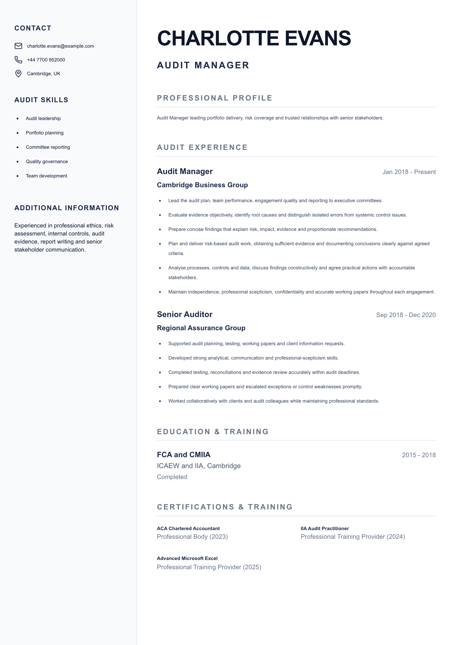 Audit Manager CV template