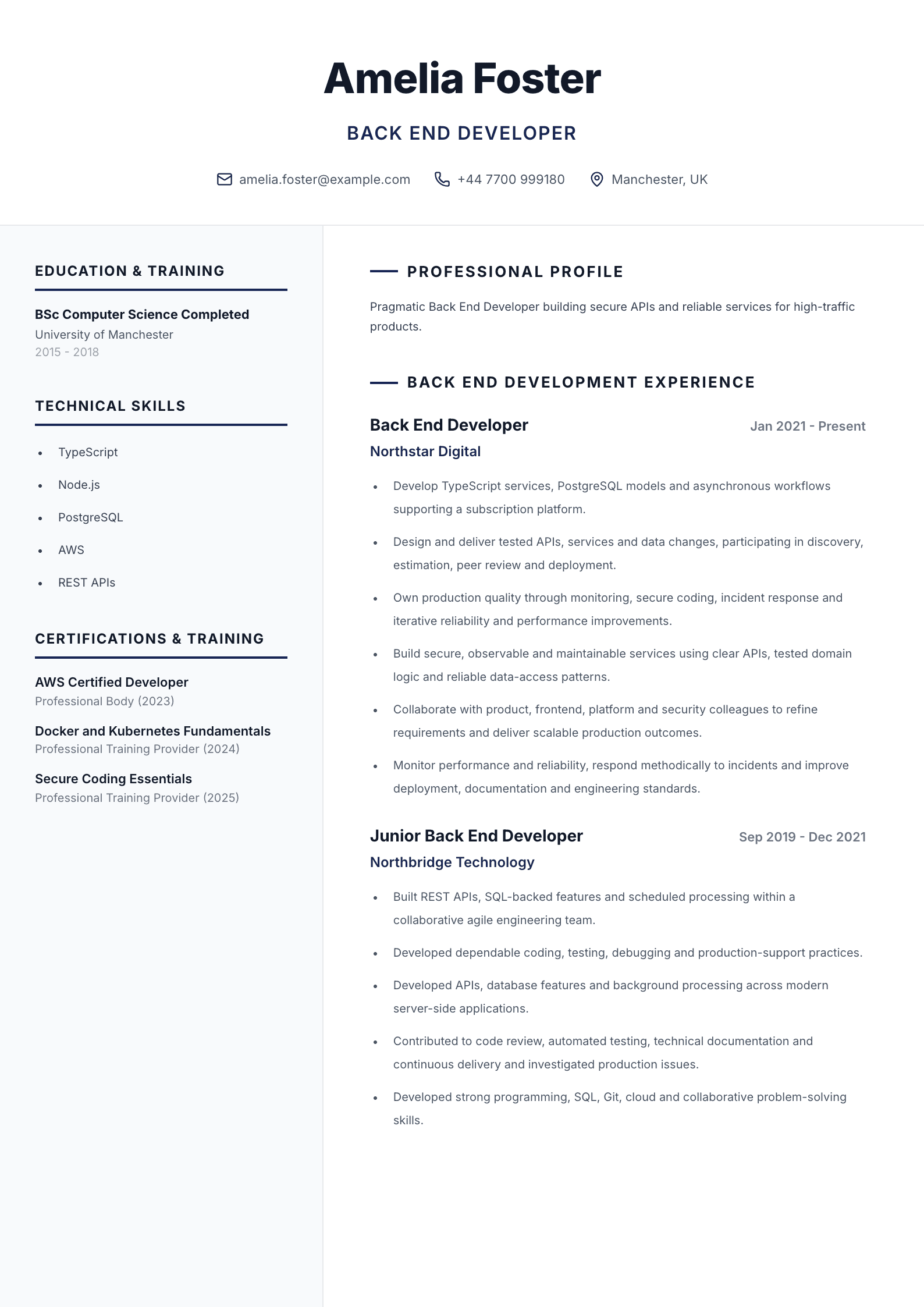 Back end developer CV