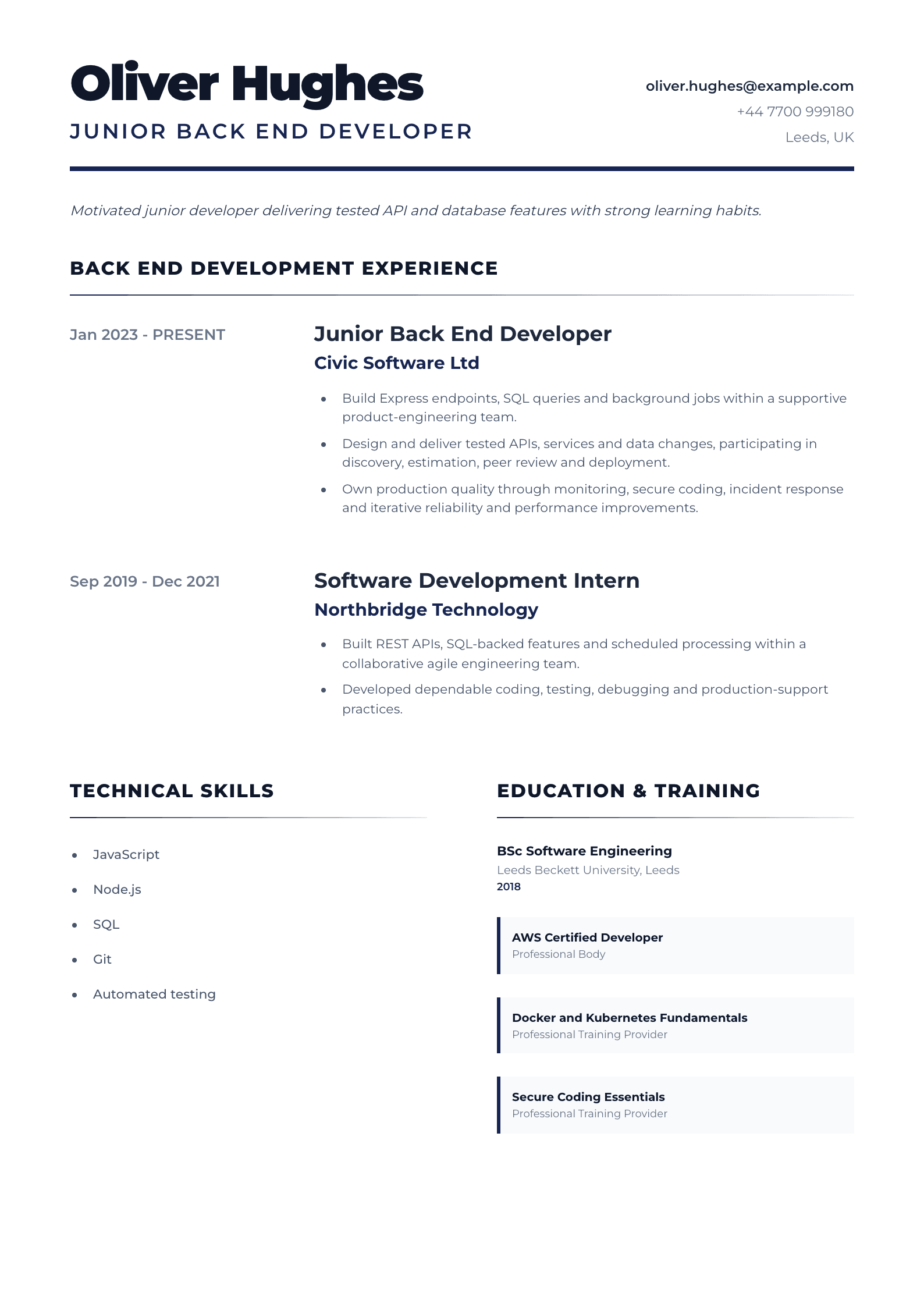 Junior Back End Developer CV template