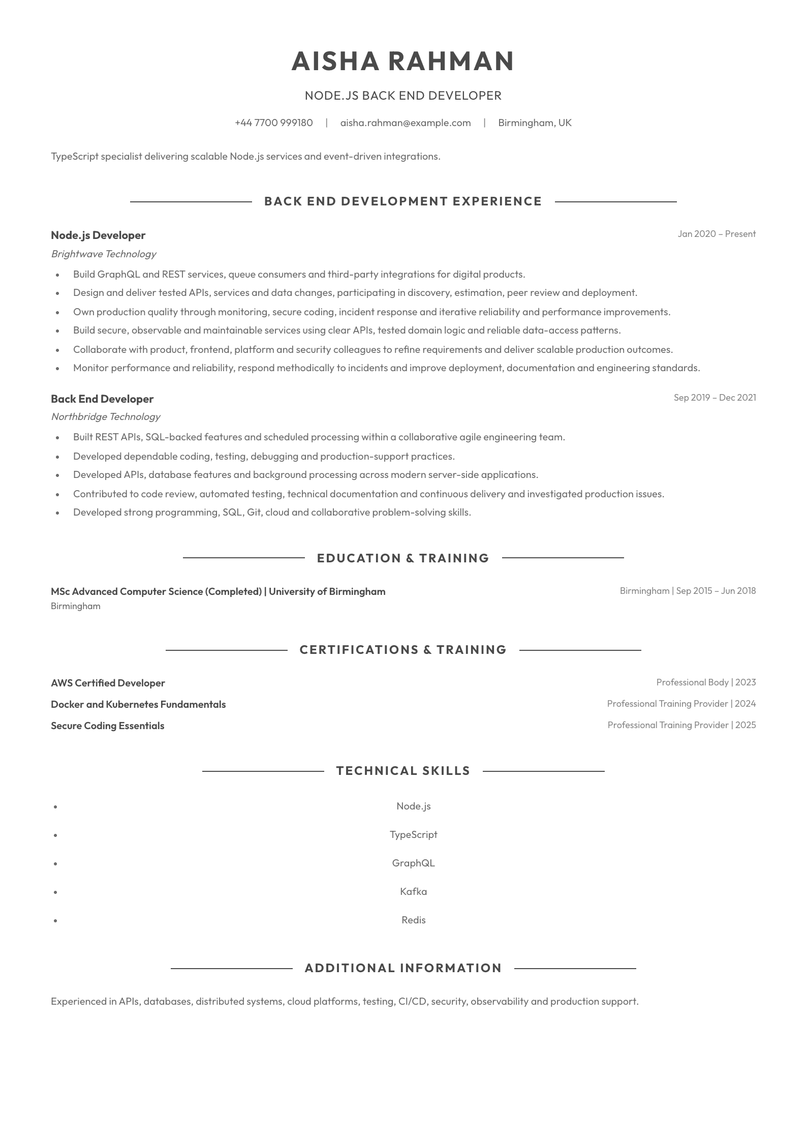 Node.js Back End Developer CV template