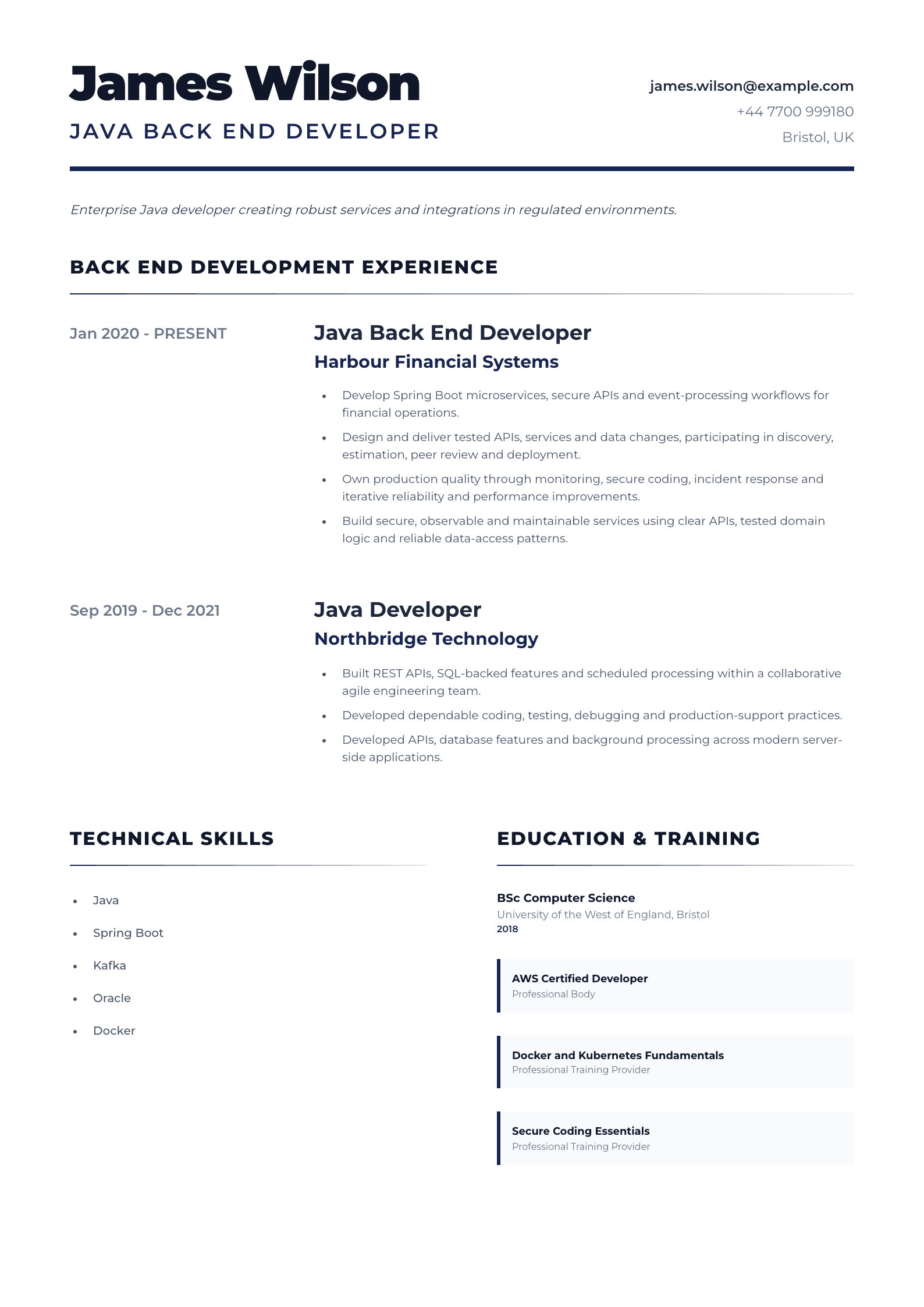 Java Back End Developer CV template
