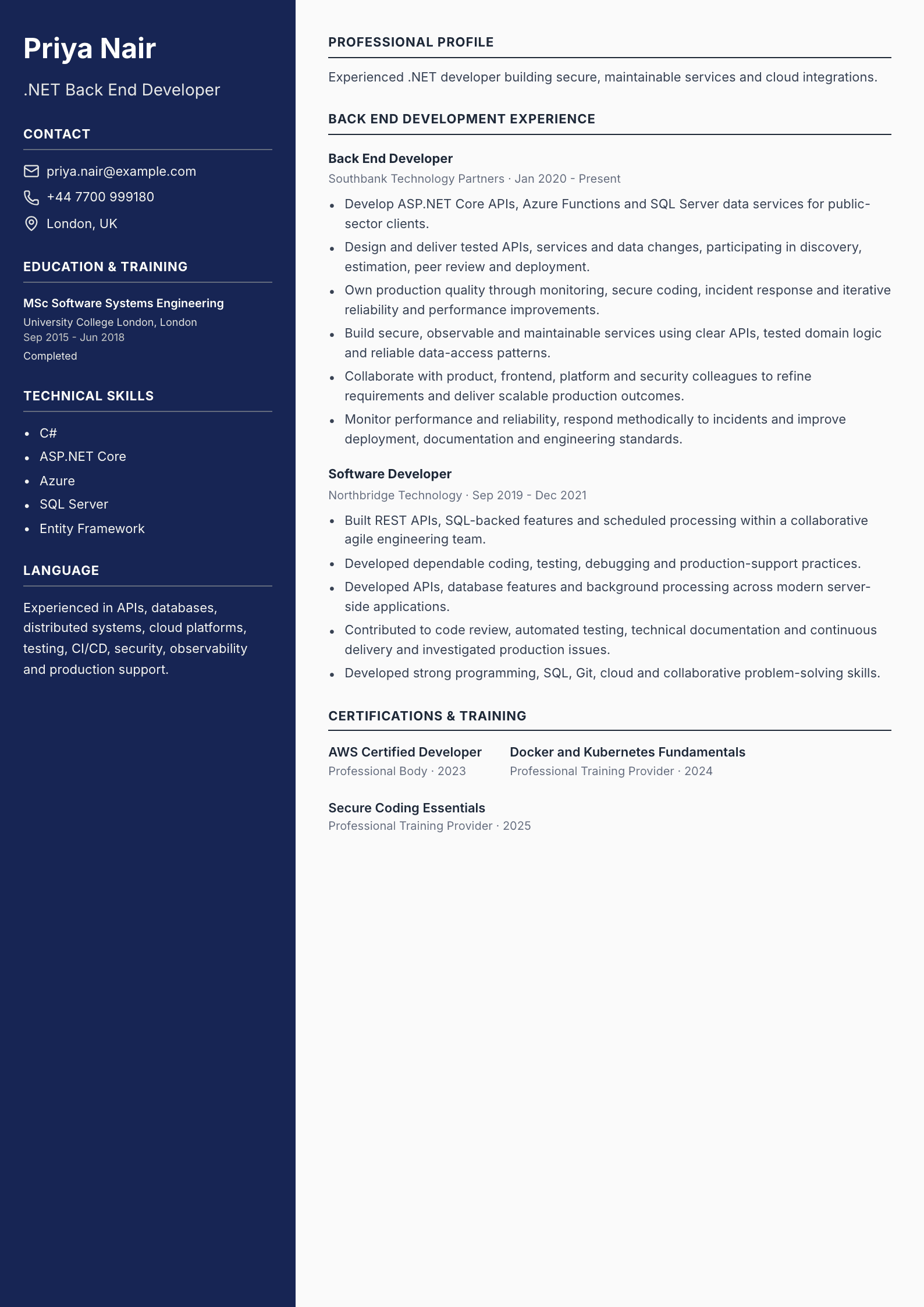 .NET Back End Developer CV template