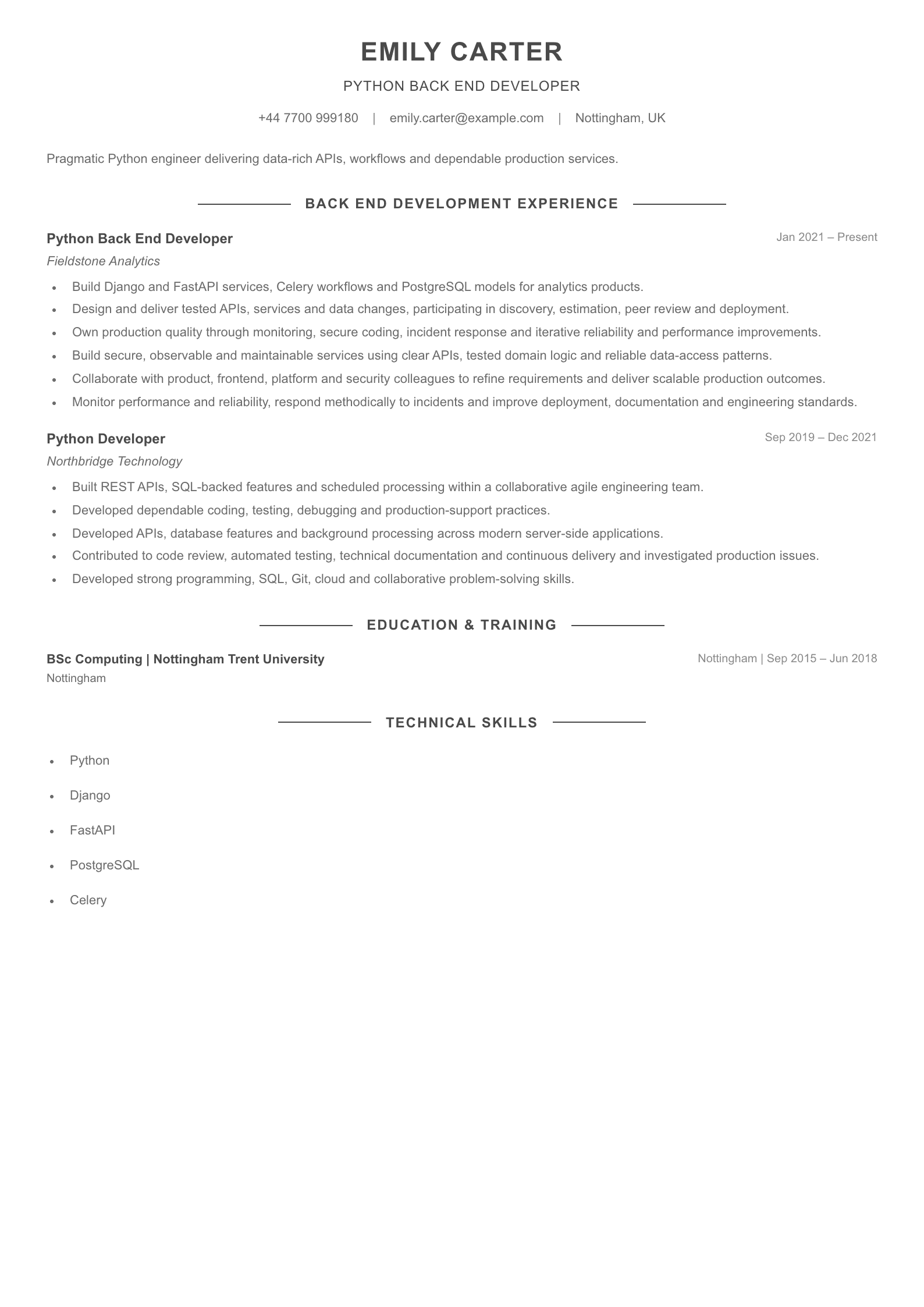 Python Back End Developer CV template