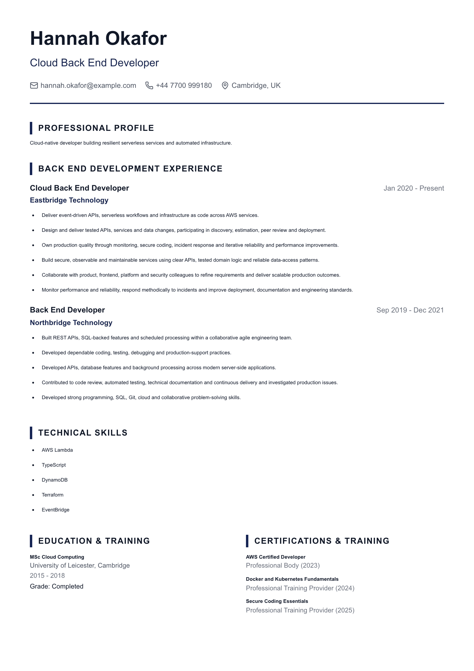 Cloud Back End Developer CV template