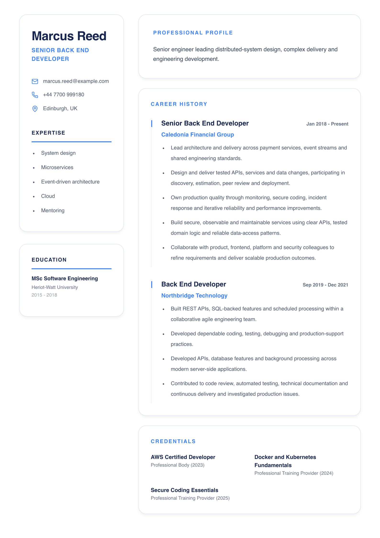 Senior Back End Developer CV template
