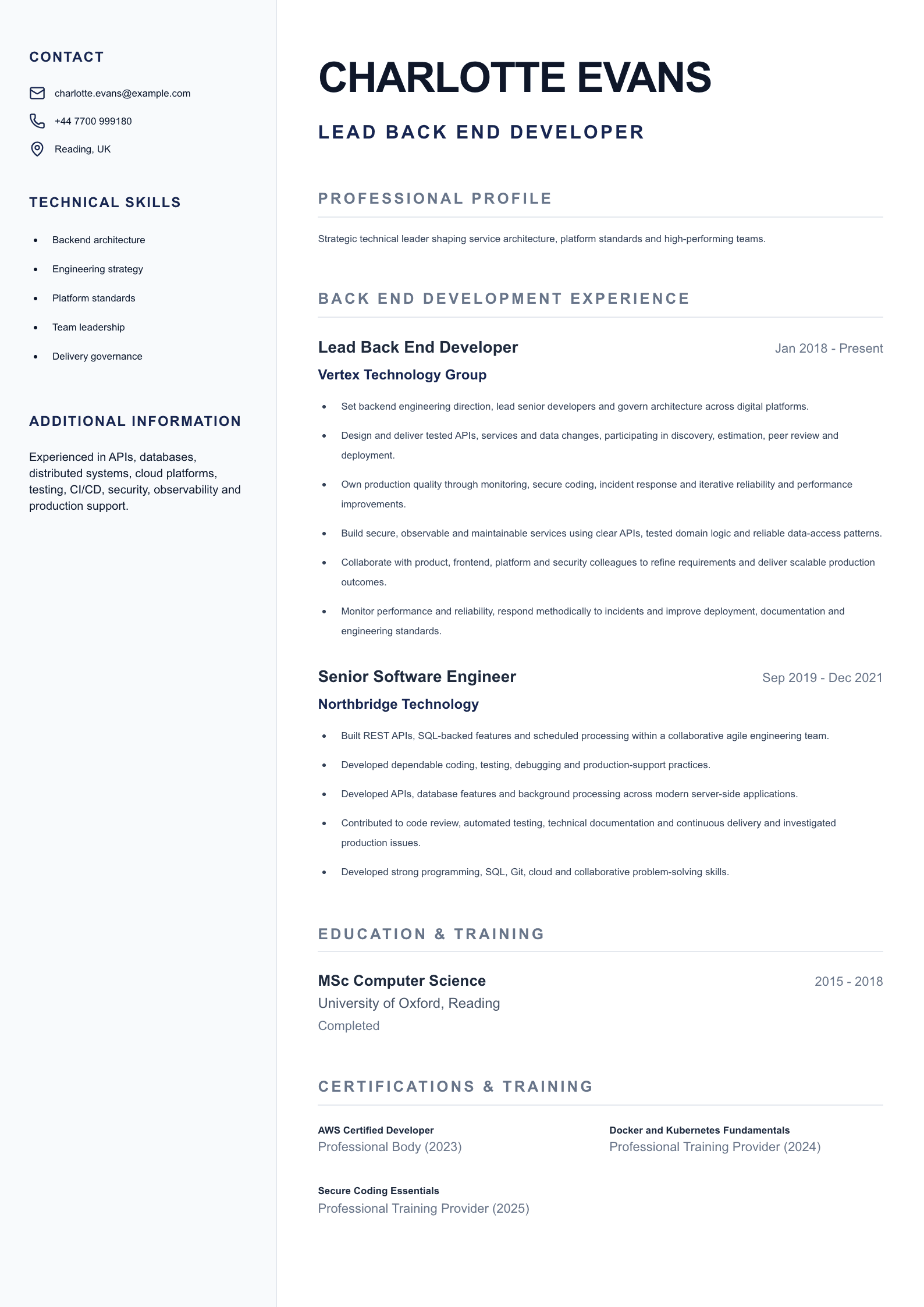 Lead Back End Developer CV template