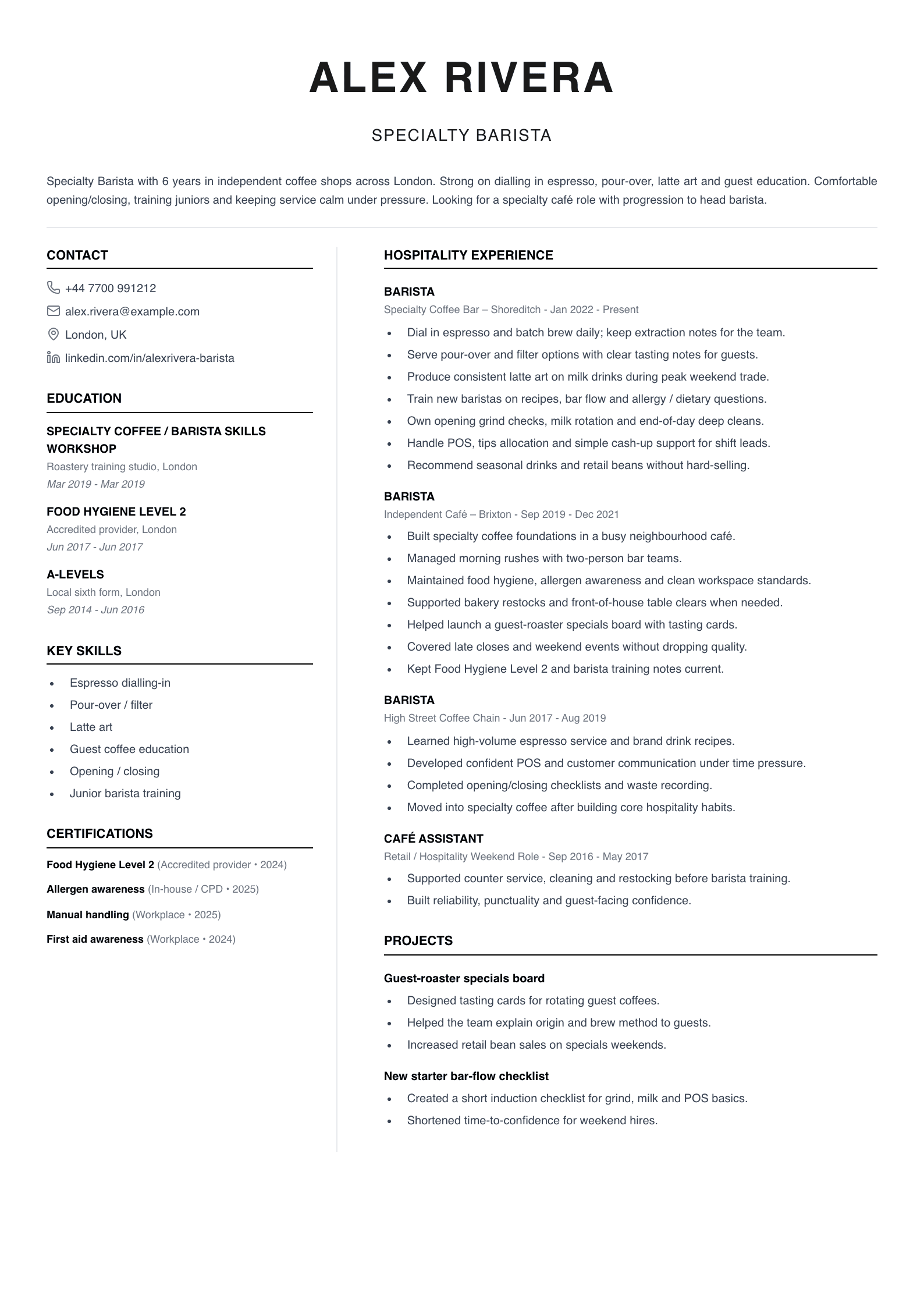 specialty barista CV template