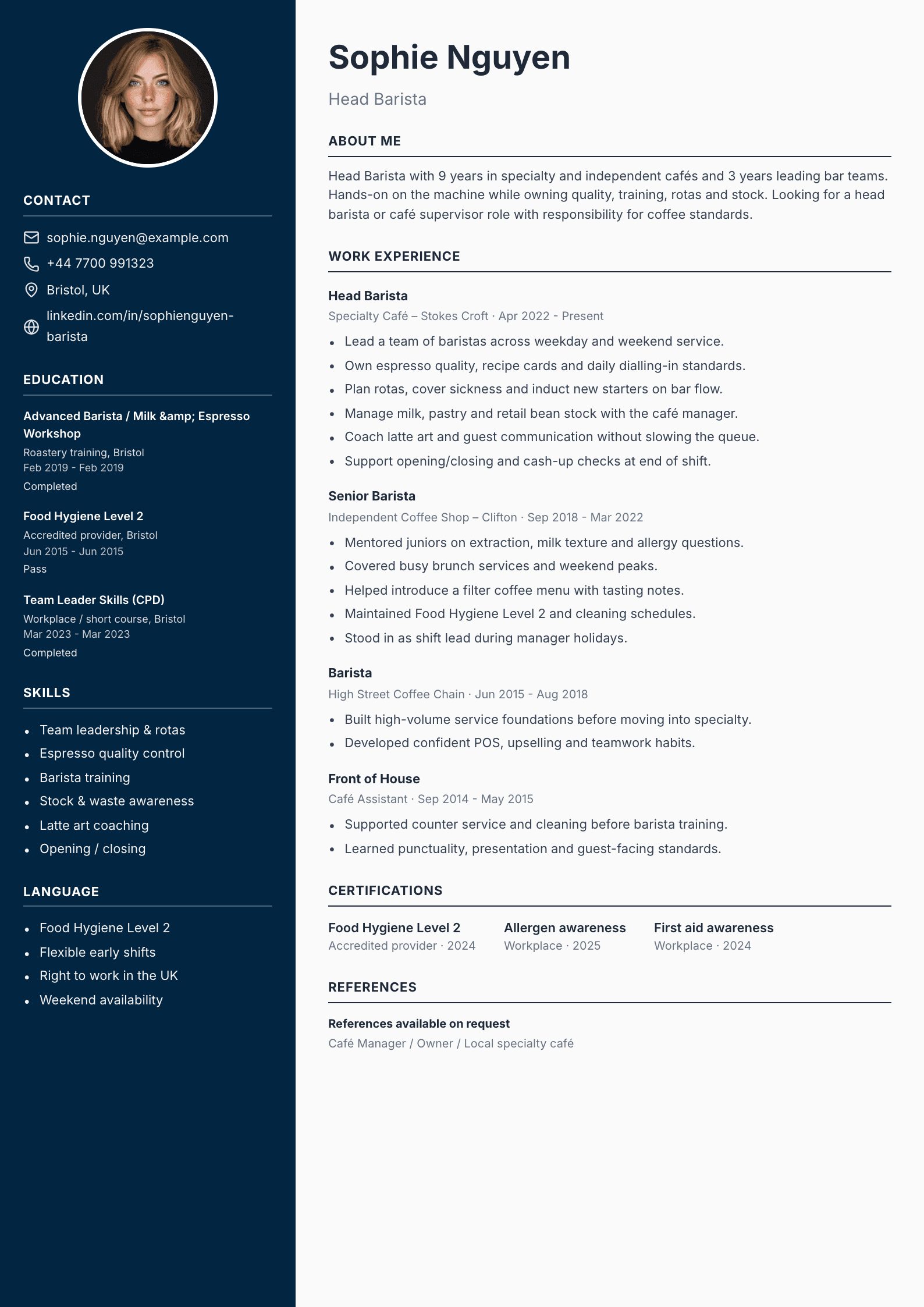 Head barista CV template