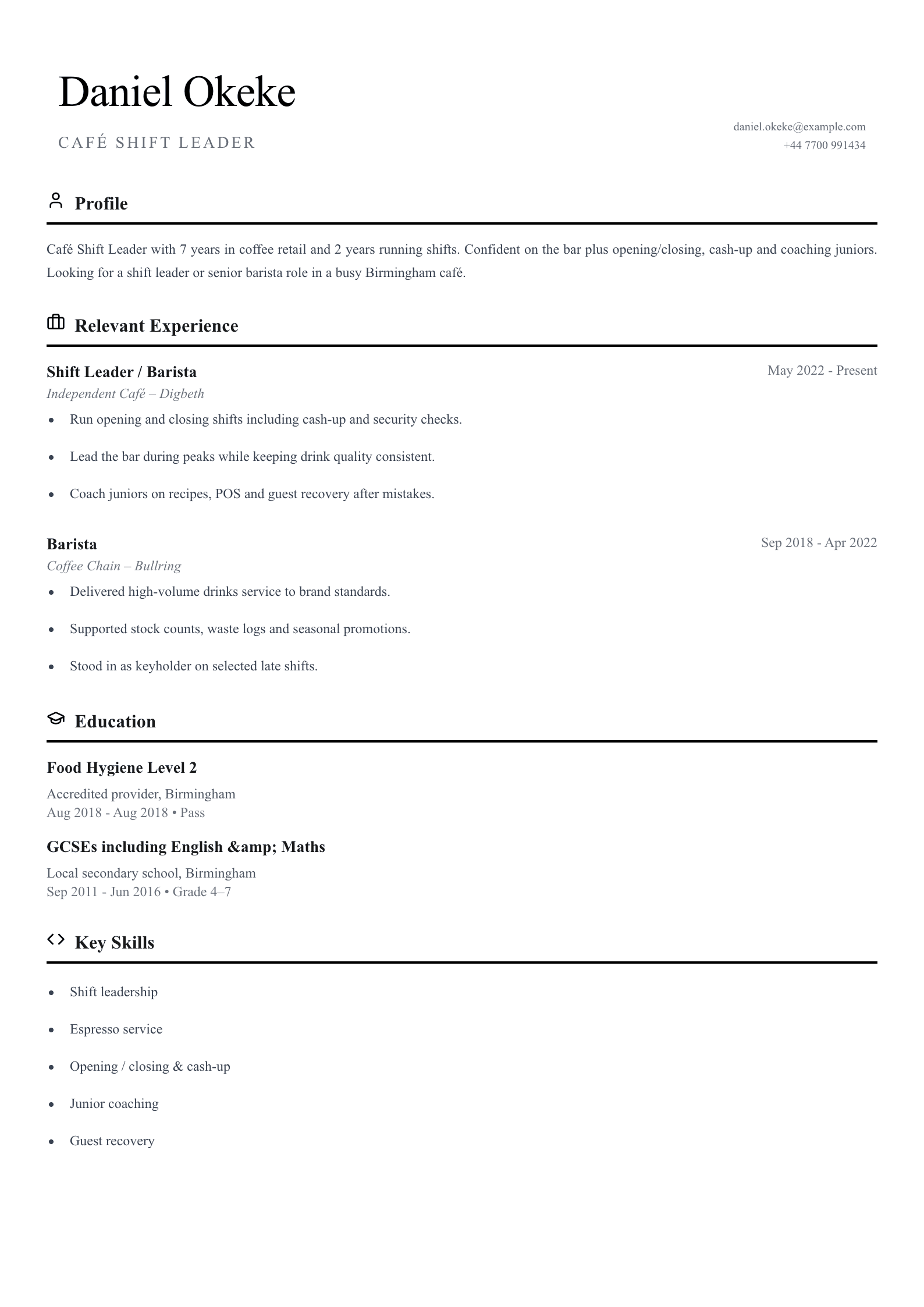 Café shift leader CV template