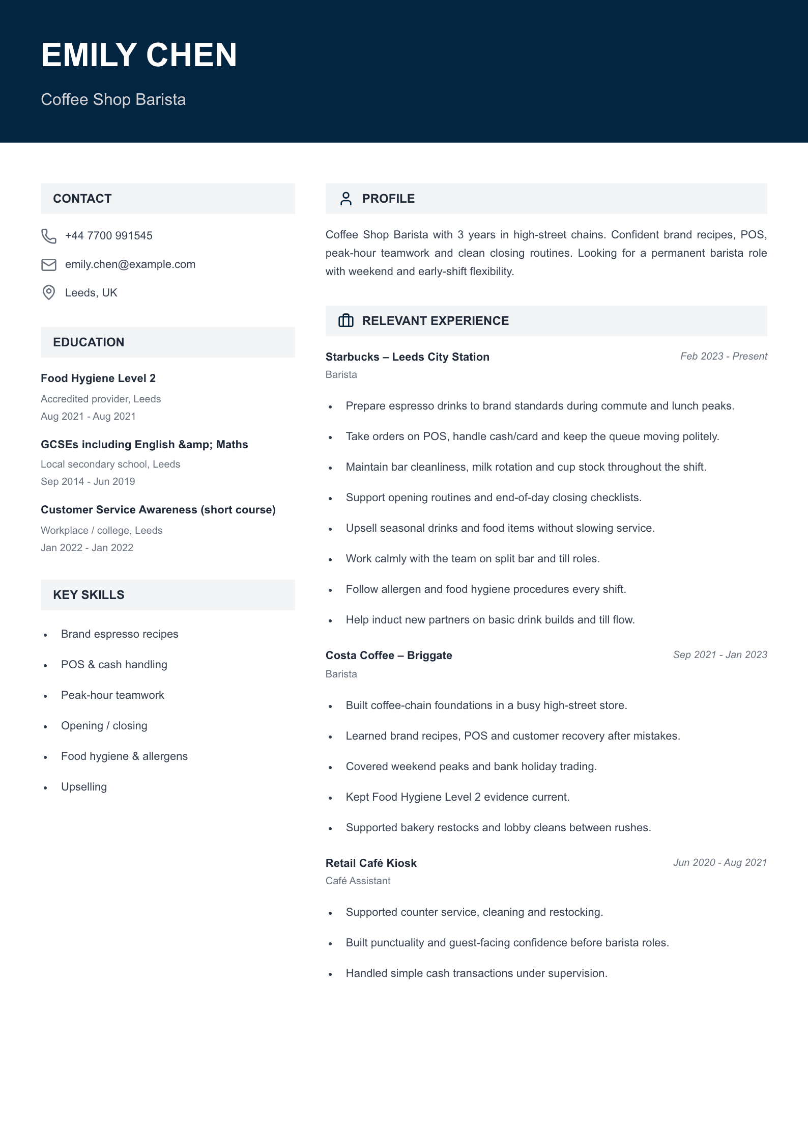 coffee chain barista CV template