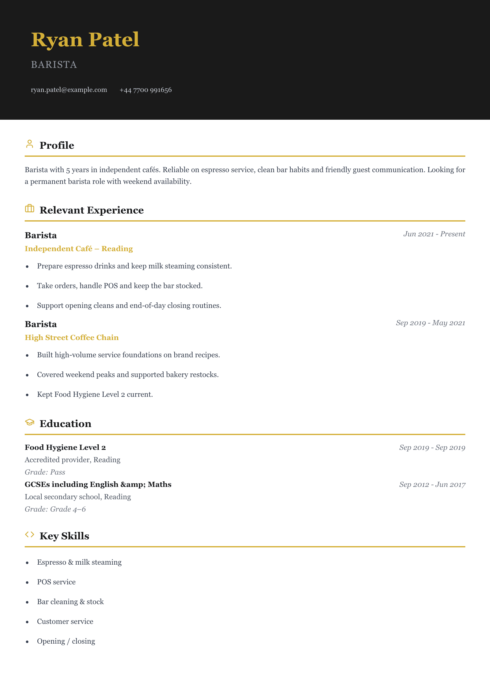 independent café barista CV template
