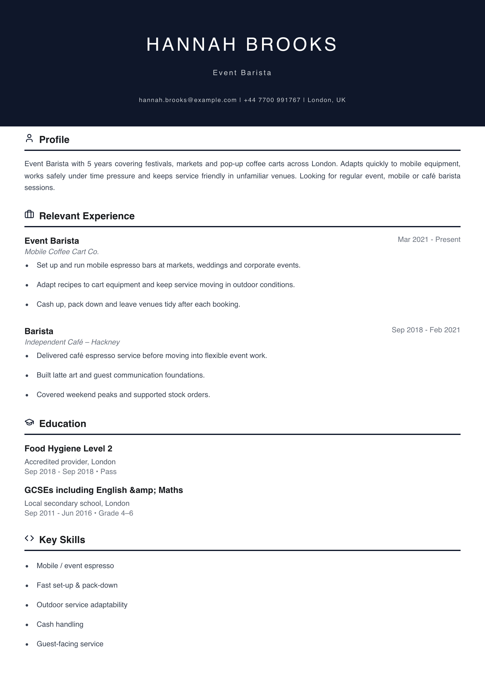 event barista CV template
