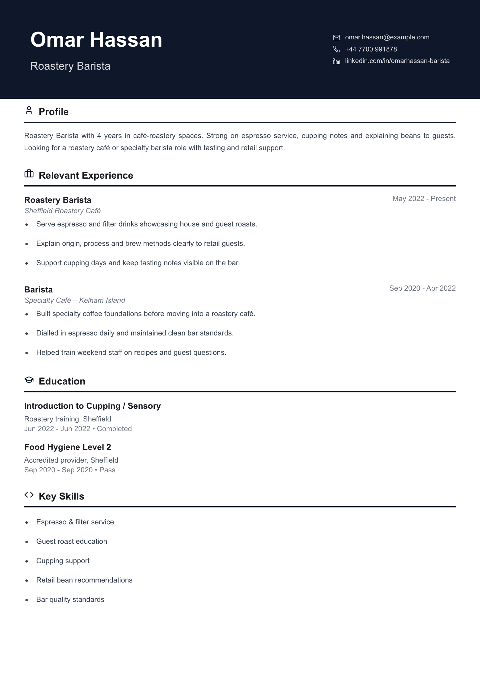 roastery barista CV template