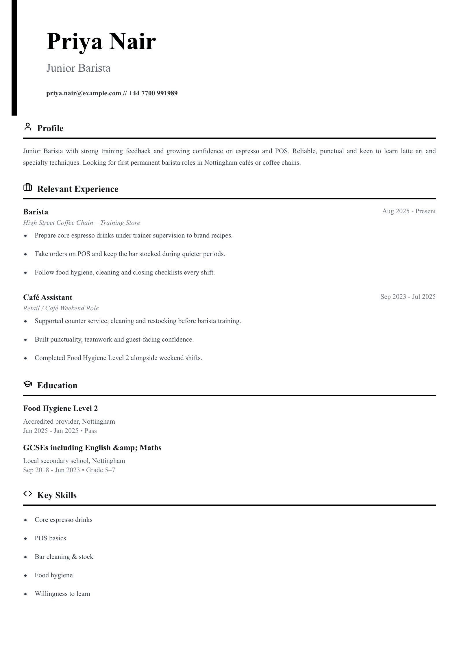 junior barista CV template