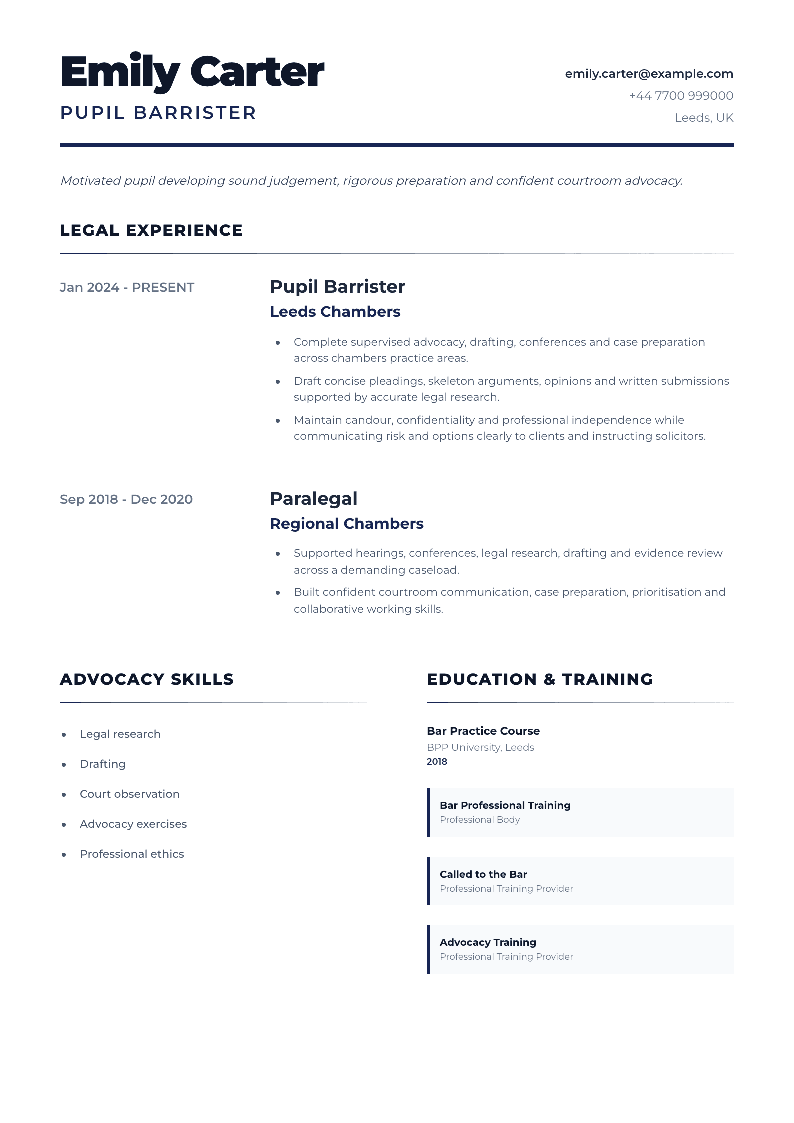 Pupil Barrister CV template