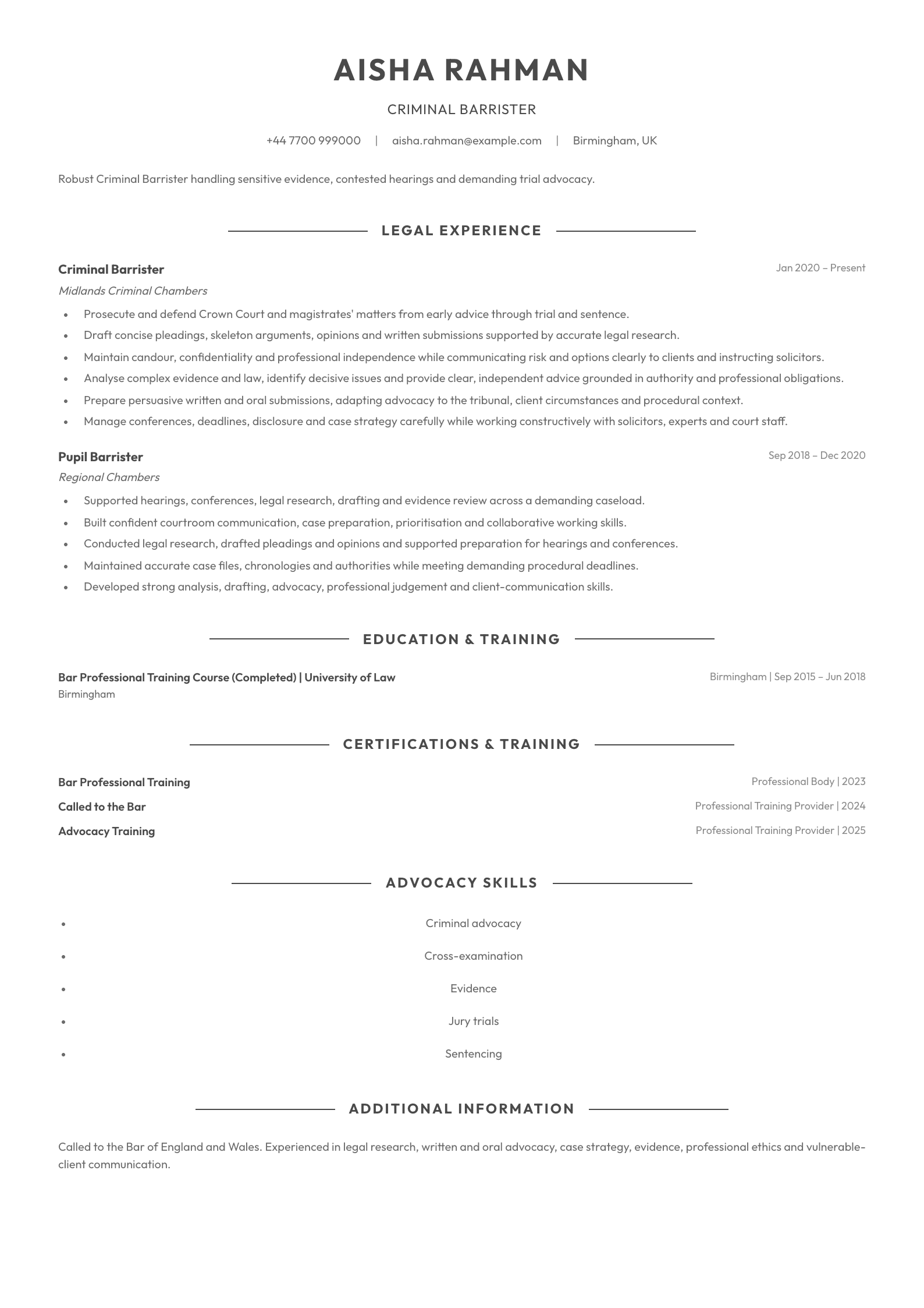 Criminal Barrister CV template