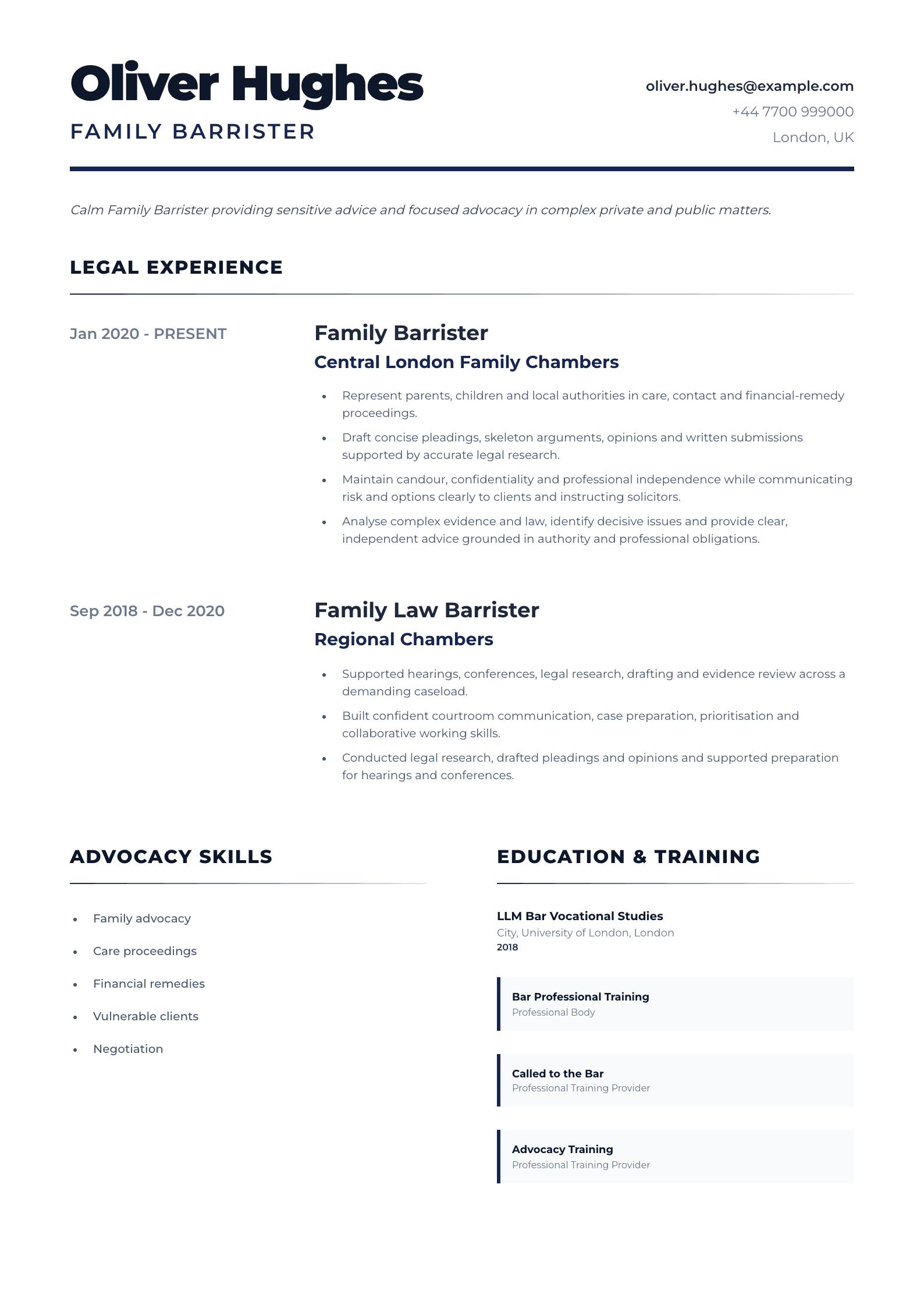 Family Barrister CV template