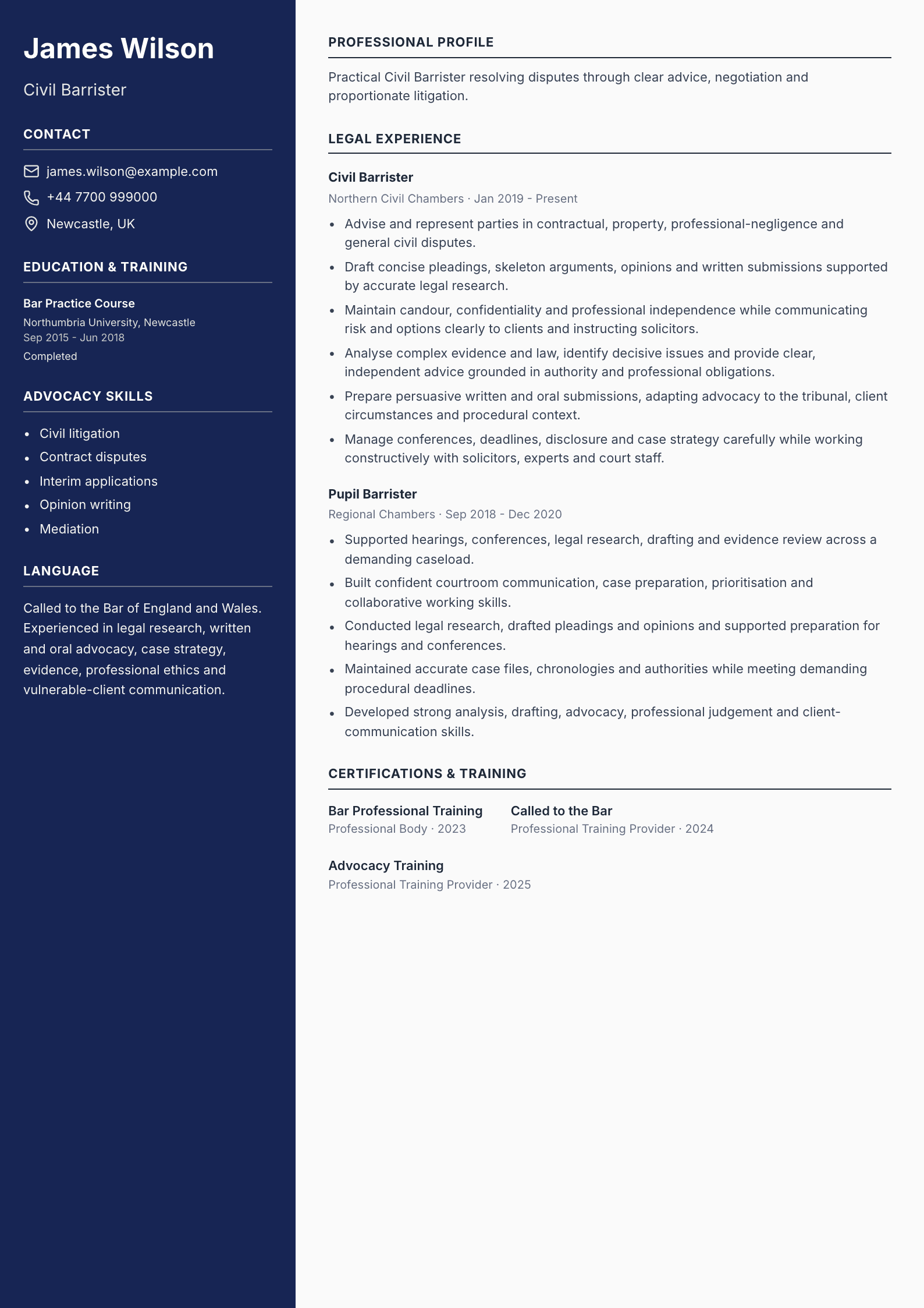 Civil Barrister CV template