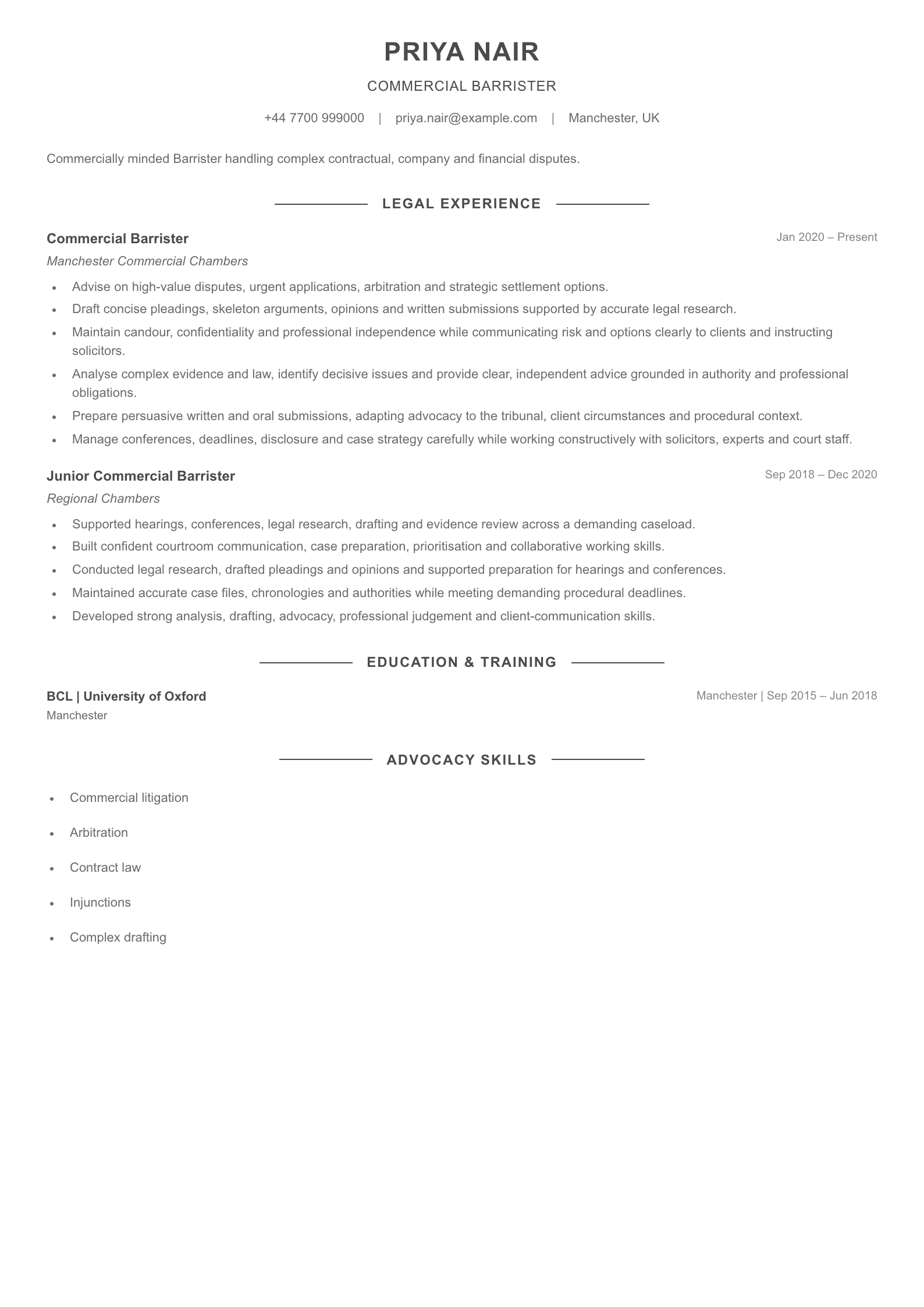 Commercial Barrister CV template