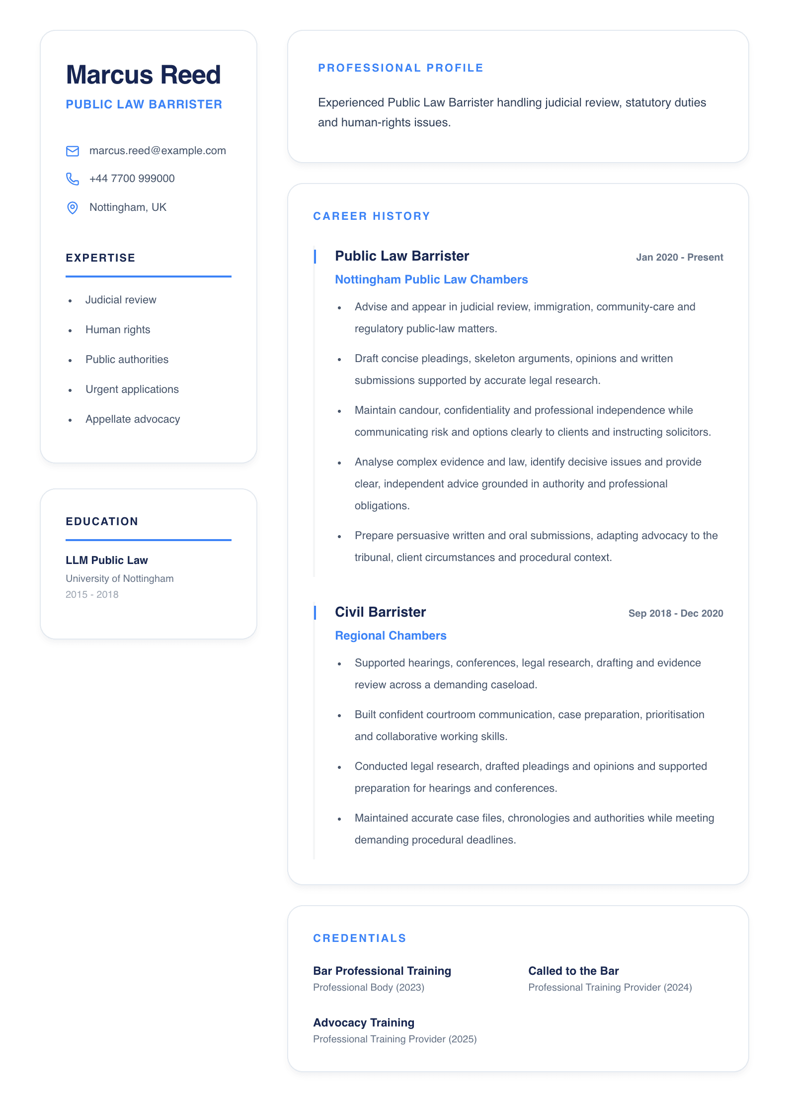 Public Law Barrister CV template