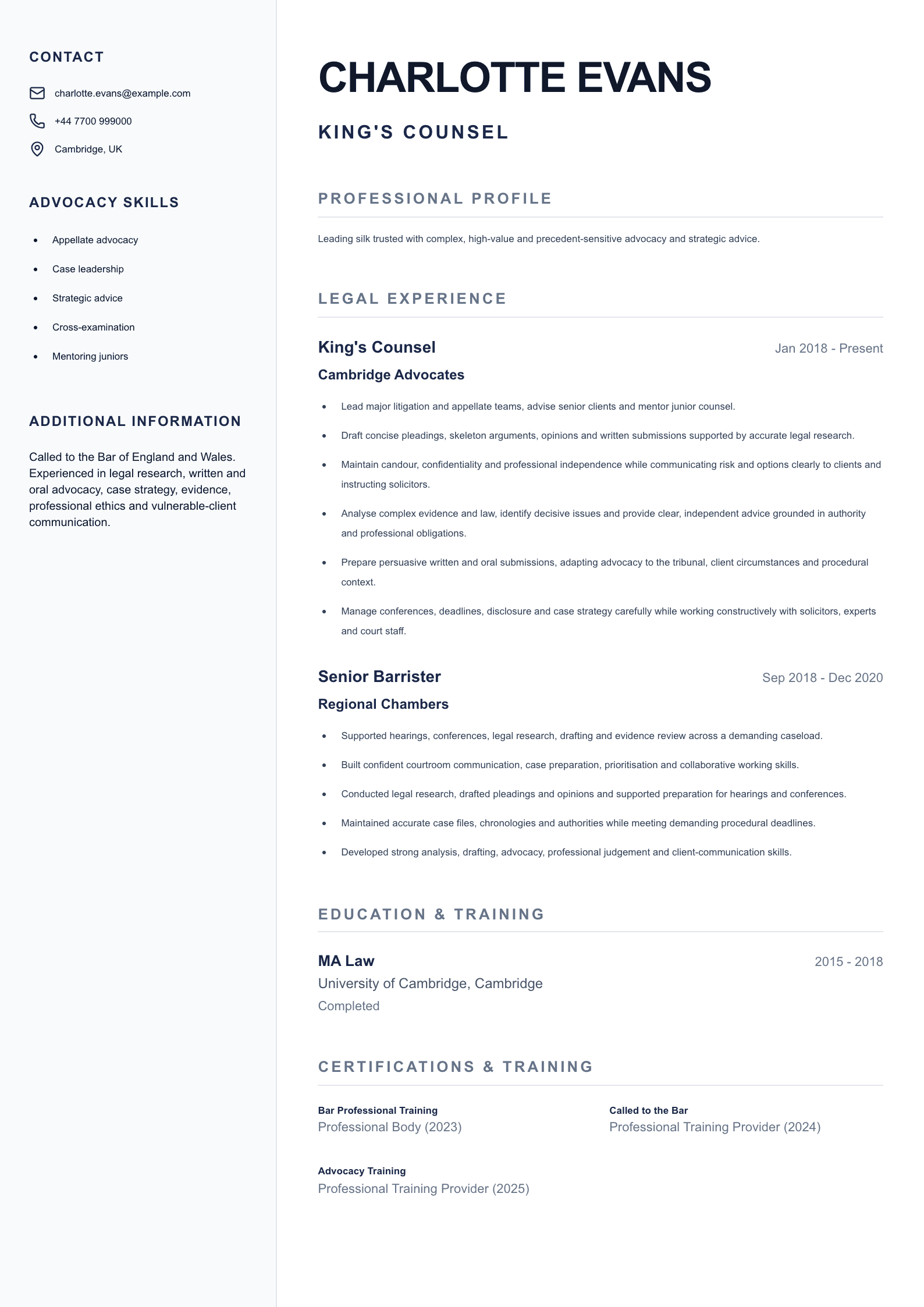 King's Counsel CV template