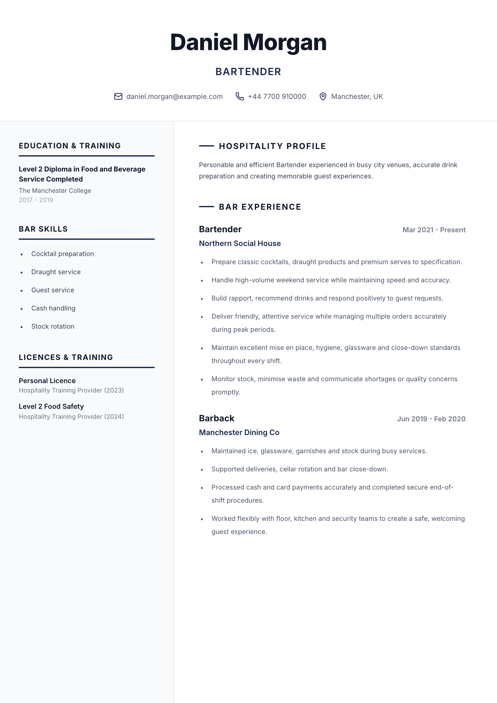 Bartender CV