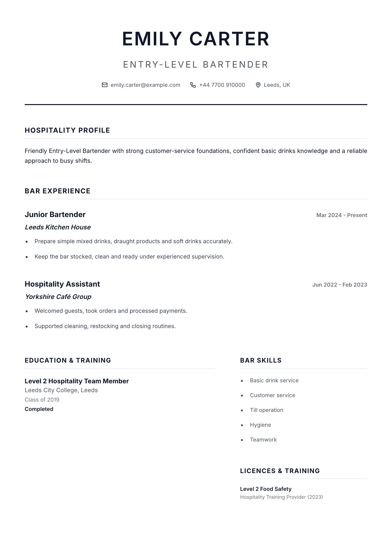Entry-Level Bartender CV template