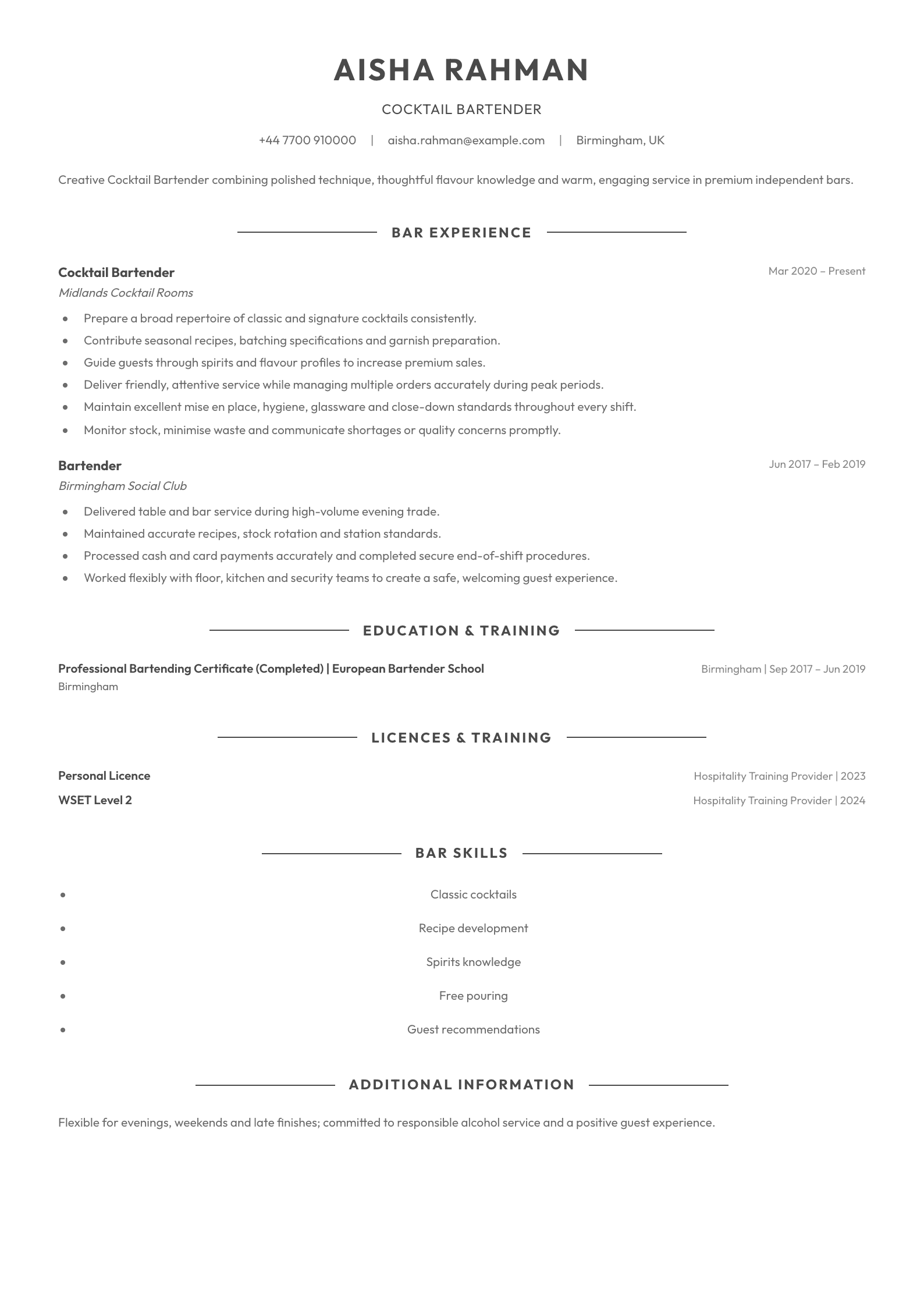 Cocktail Bartender CV template