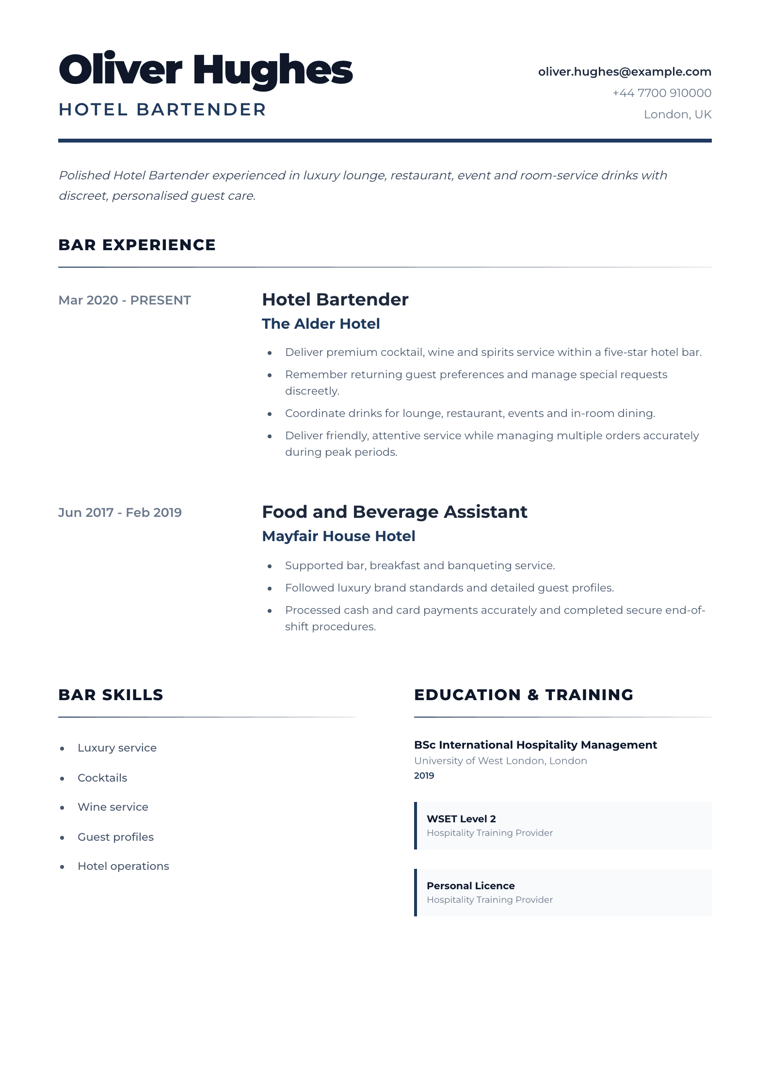 Hotel Bartender CV template