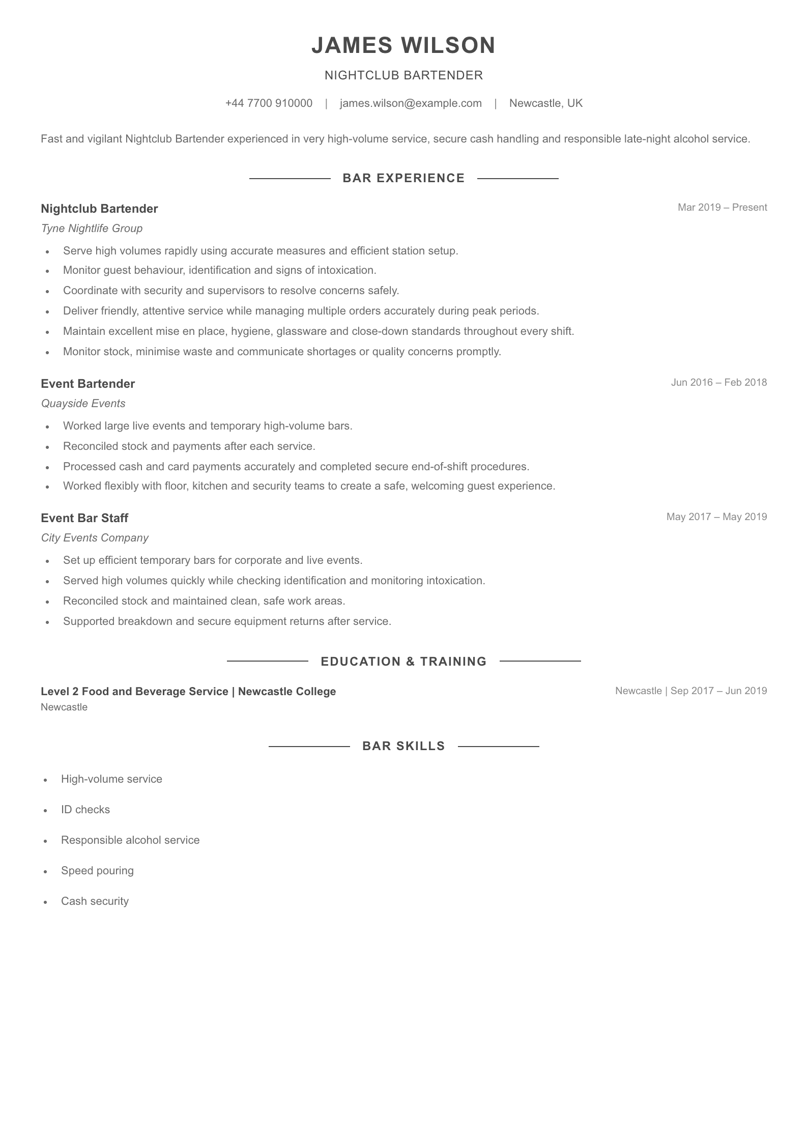 Nightclub Bartender CV template