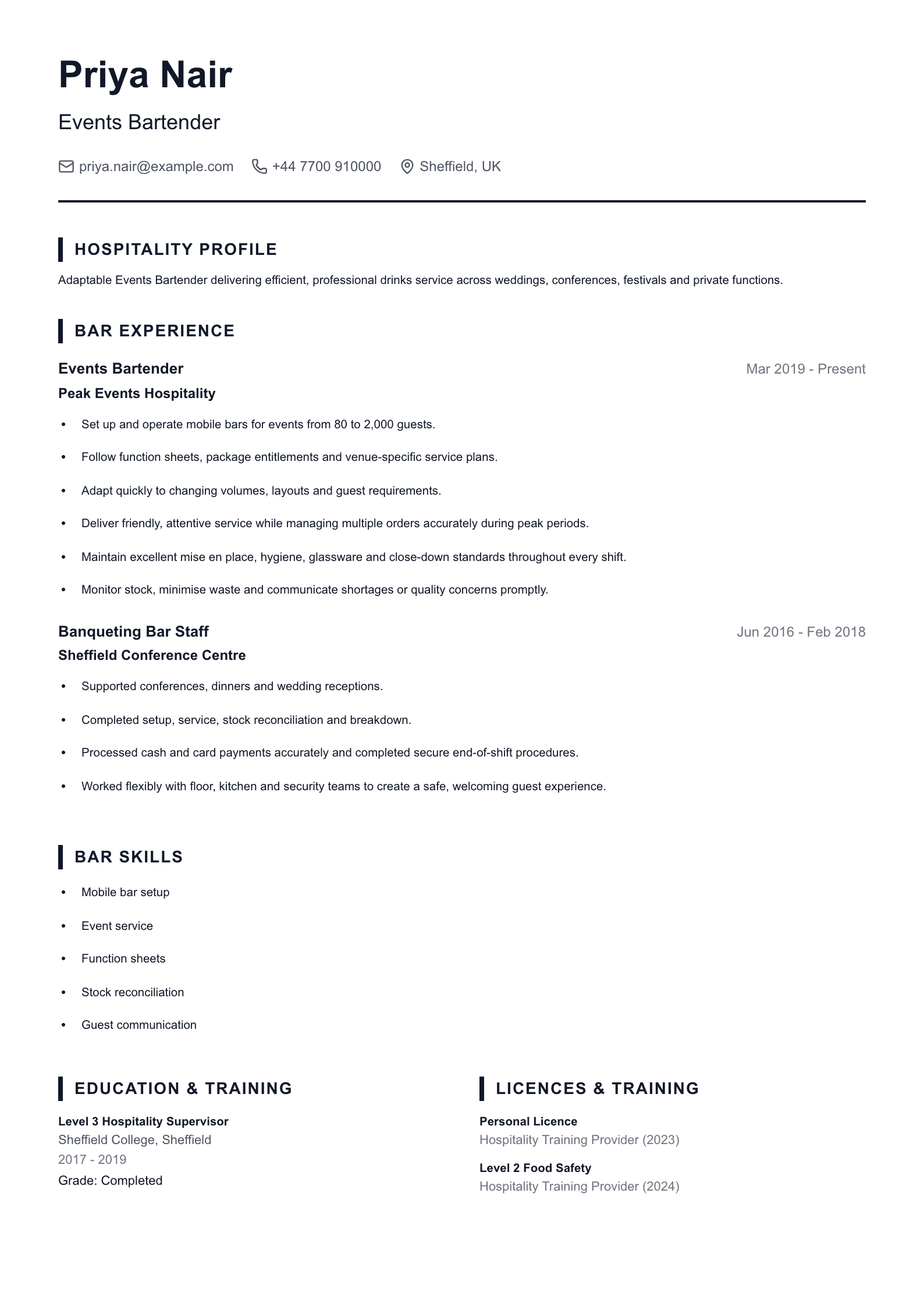 Events Bartender CV template