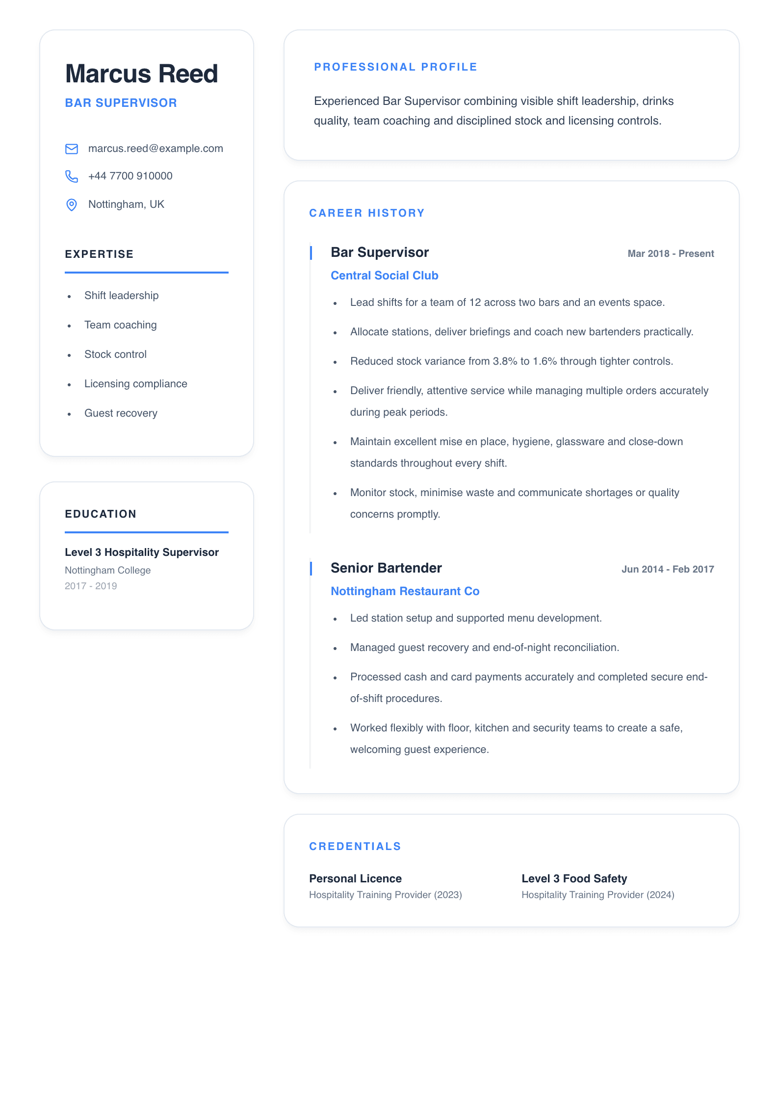 Bar Supervisor CV template