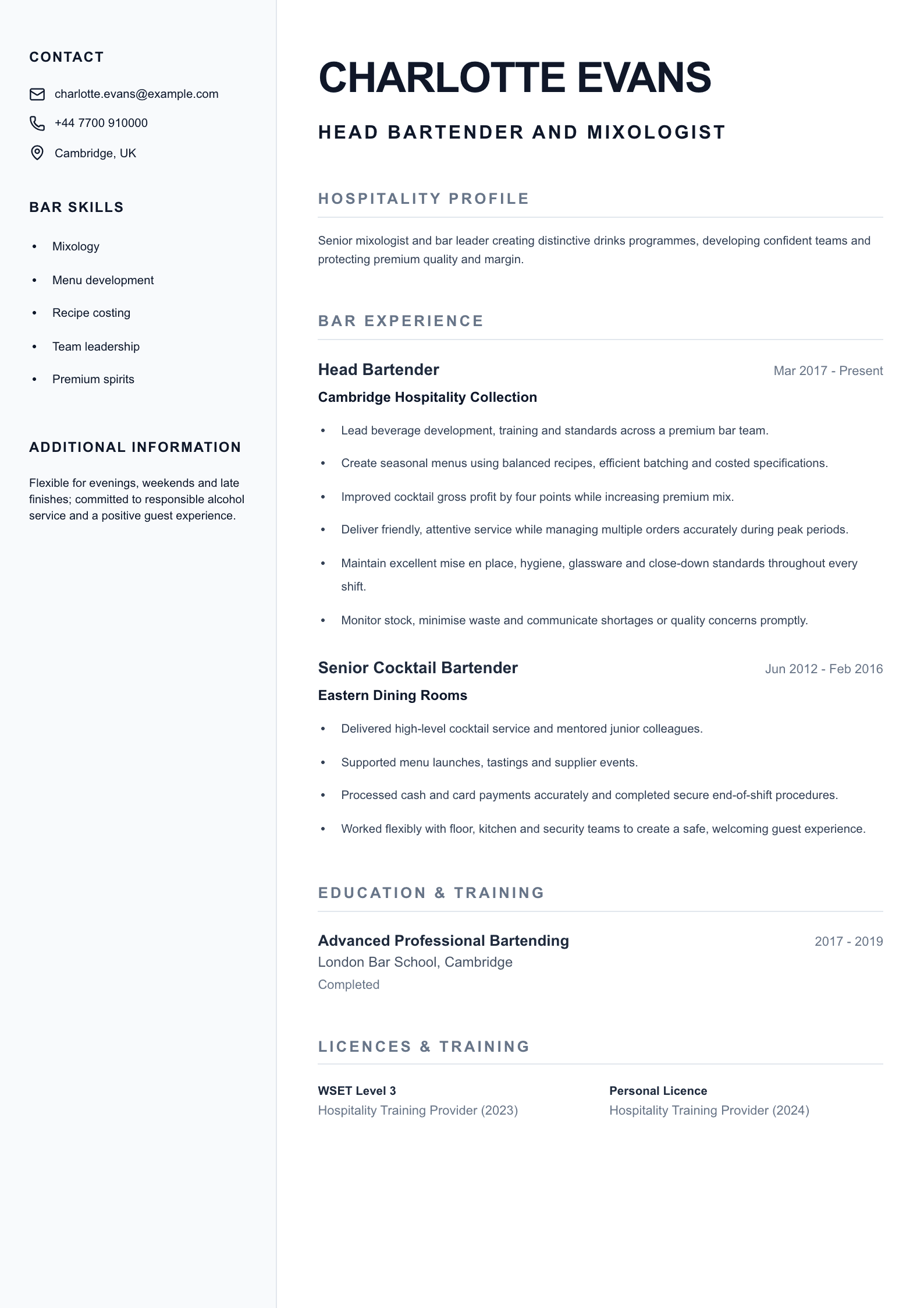 Head Bartender and Mixologist CV template