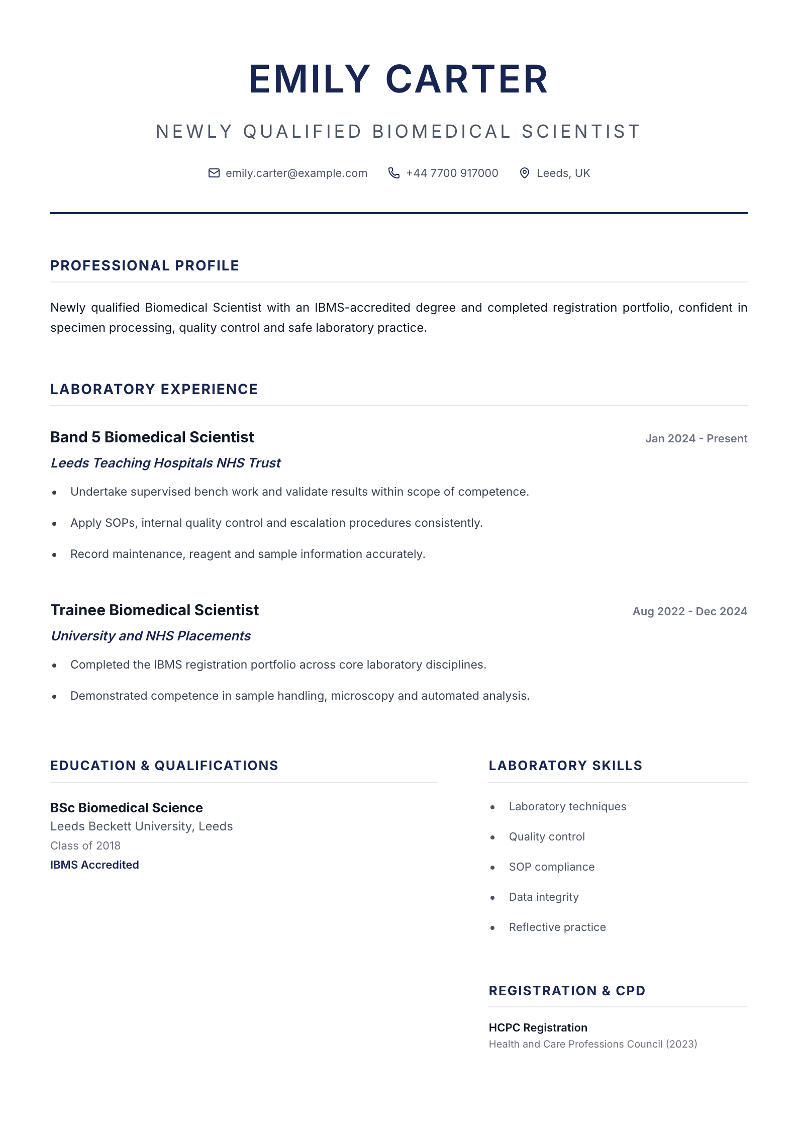 Newly Qualified Biomedical Scientist CV template