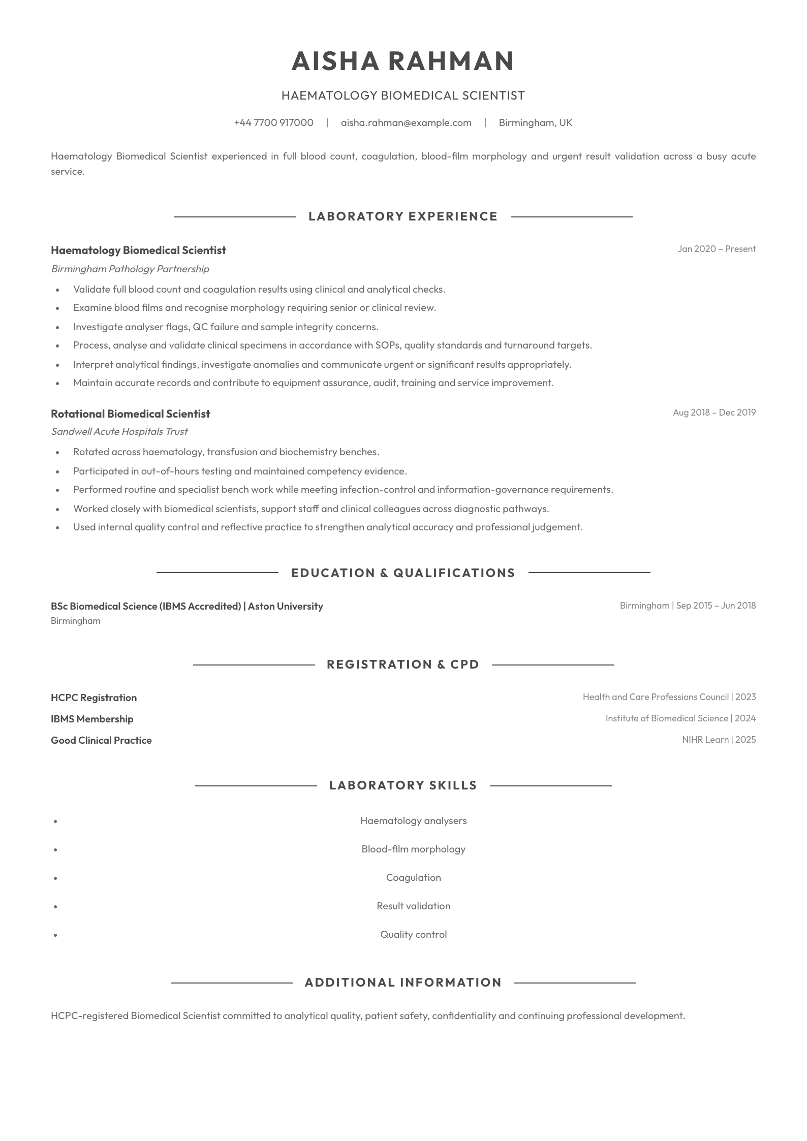 Haematology Biomedical Scientist CV template